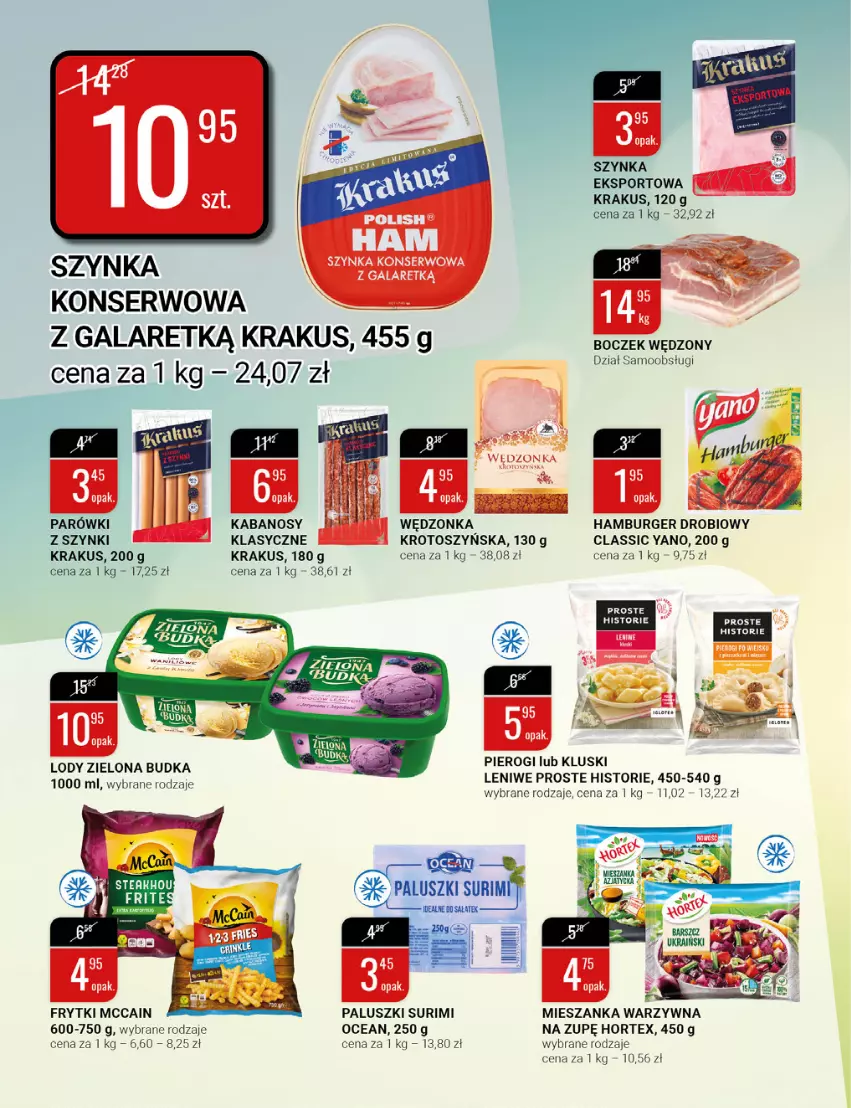 Gazetka promocyjna Bi1 - Dzień Kobiet - ważna 02.03 do 08.03.2022 - strona 10 - produkty: Boczek, Burger, Frytki, Gala, Hamburger, Hortex, Kabanos, Krakus, Lody, McCain, Mieszanka warzyw, Parówki, Parówki z szynki, Pierogi, Por, Sałat, Ser, Sport, Surimi, Szynka, Szynka konserwowa, Zielona Budka