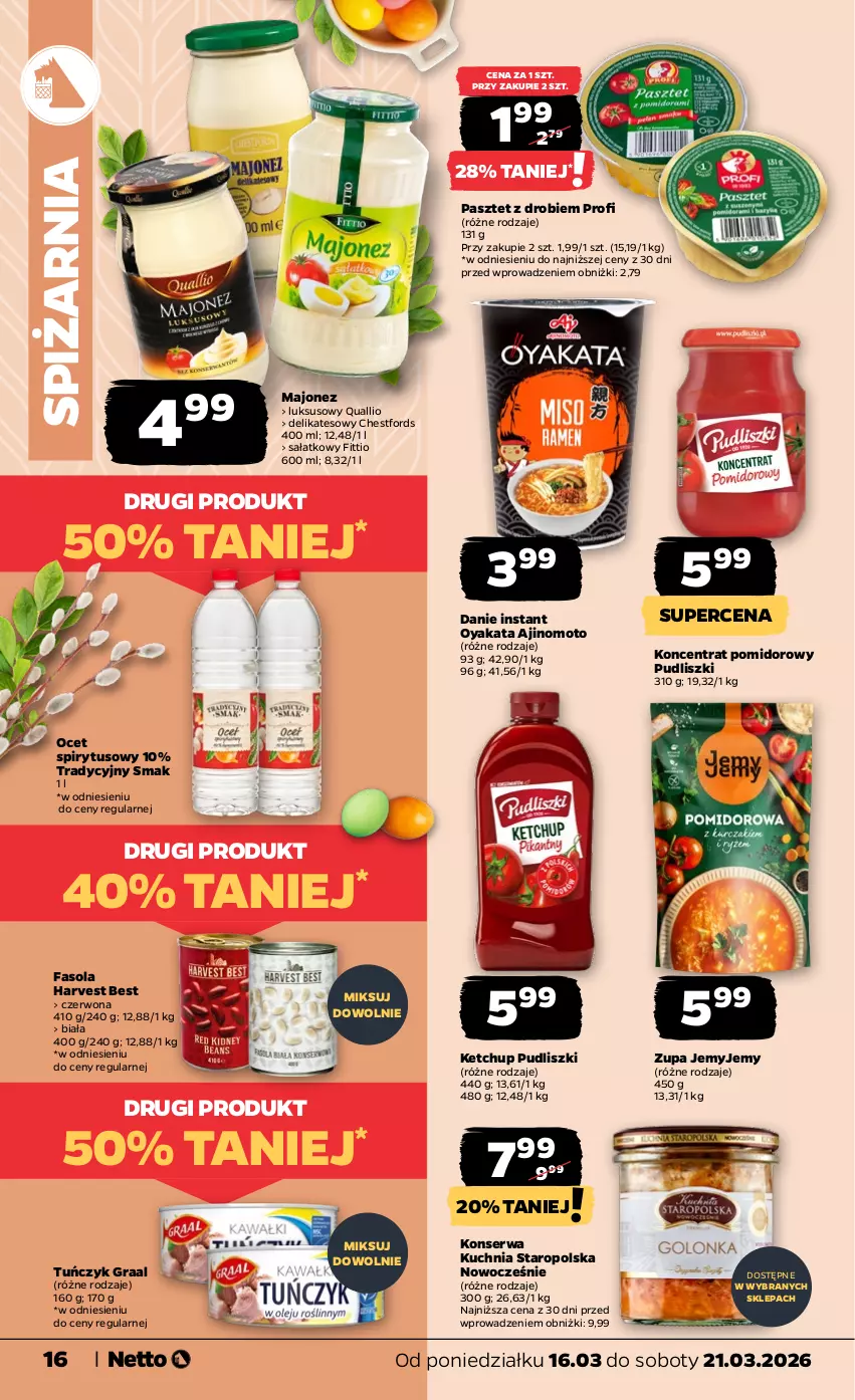 Gazetka promocyjna Netto - Od Poniedziałku - ważna 16.03 do 21.03.2026 - strona 16 - produkty: Fa, Fasola, Gra, Graal, Ketchup, Koncentrat pomidorowy, Kuchnia, Kuchnia Staropolska, Majonez, Ocet, Pasztet, Pudliszki, Sałat, Ser, Tuńczyk, Zupa