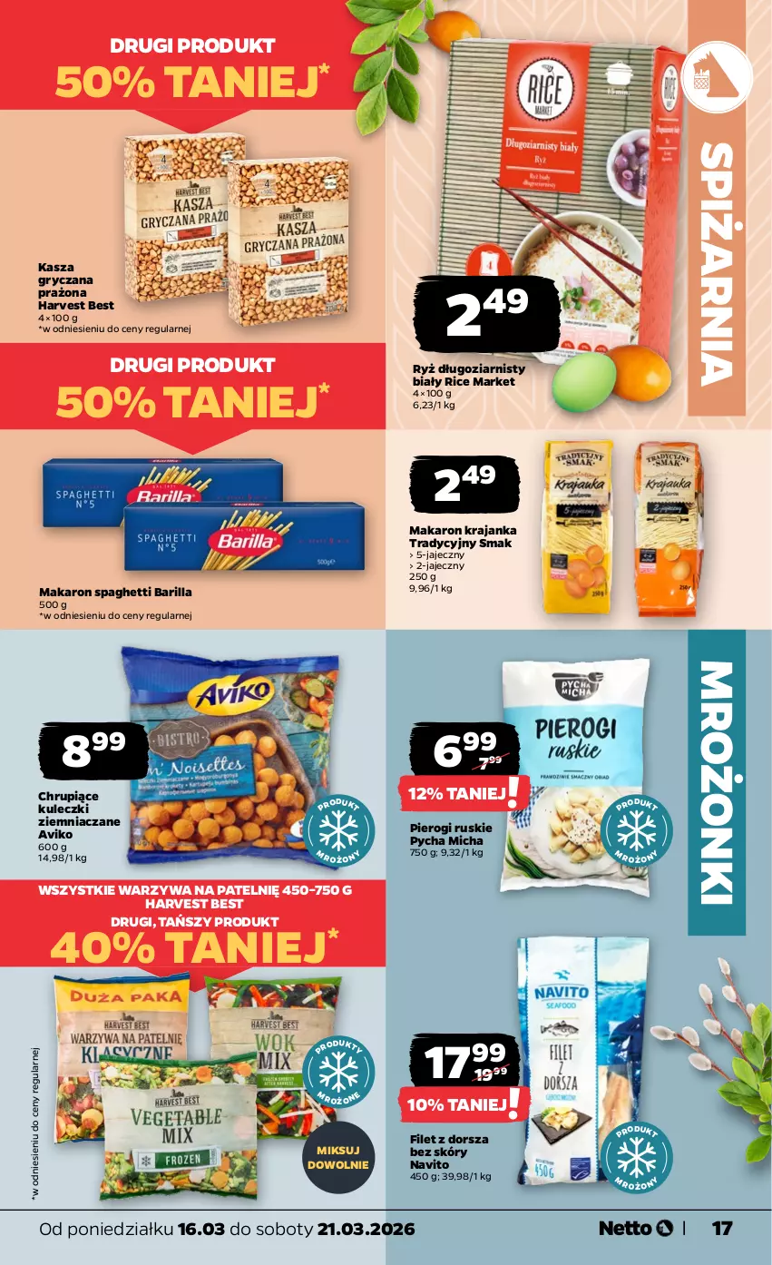 Gazetka promocyjna Netto - Od Poniedziałku - ważna 16.03 do 21.03.2026 - strona 17 - produkty: Barilla, Dorsz, Gry, Kasza, Kasza gryczana, Makaron, Pierogi, Ryż, Spaghetti, Warzywa