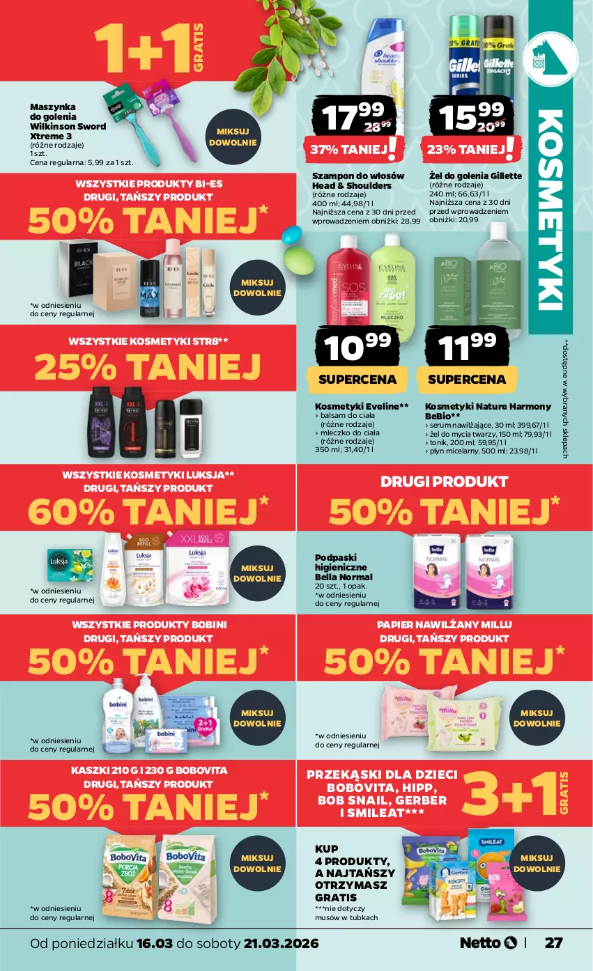 Gazetka promocyjna Netto - Od Poniedziałku - ważna 16.03 do 21.03.2026 - strona 27 - produkty: Balsam do ciała, Bell, Bella, BoboVita, Dzieci, Eveline, Gerber, Gillette, Gra, HiPP, Luksja, Maszynka, Maszynka do golenia, Mleczko, Mleczko do ciała, Mus, Papier, Płyn micelarny, Podpaski, Rum, Ser, Serum, Str8, Szampon, Szynka, Tonik, Wilkinson Sword