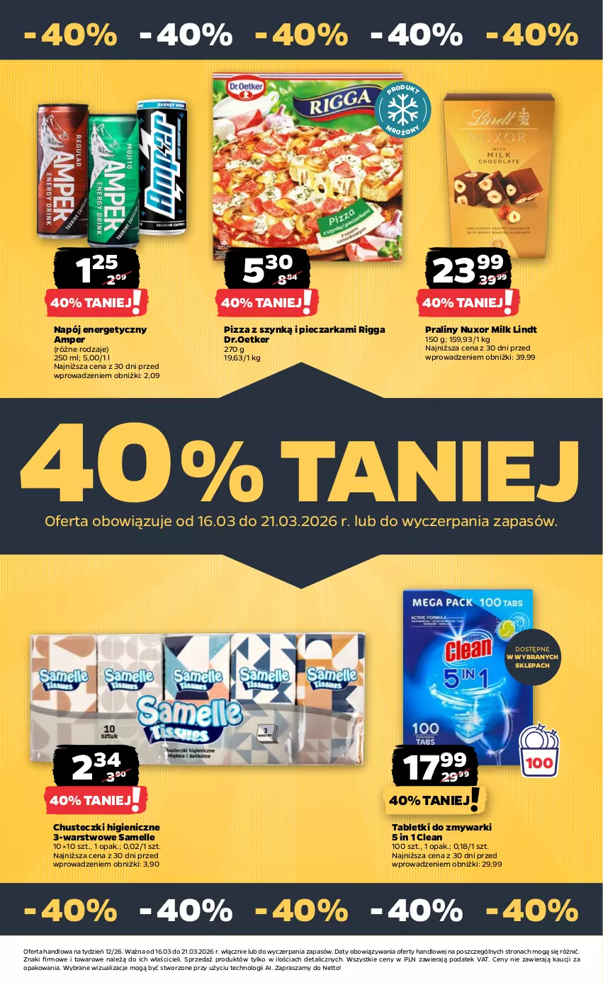 Gazetka promocyjna Netto - Od Poniedziałku - ważna 16.03 do 21.03.2026 - strona 28 - produkty: Chusteczki, Lindt, Napój, Napój energetyczny, Piec, Pieczarka, Pizza, Praliny, Tablet, Tabletki do zmywarki, Zmywarki