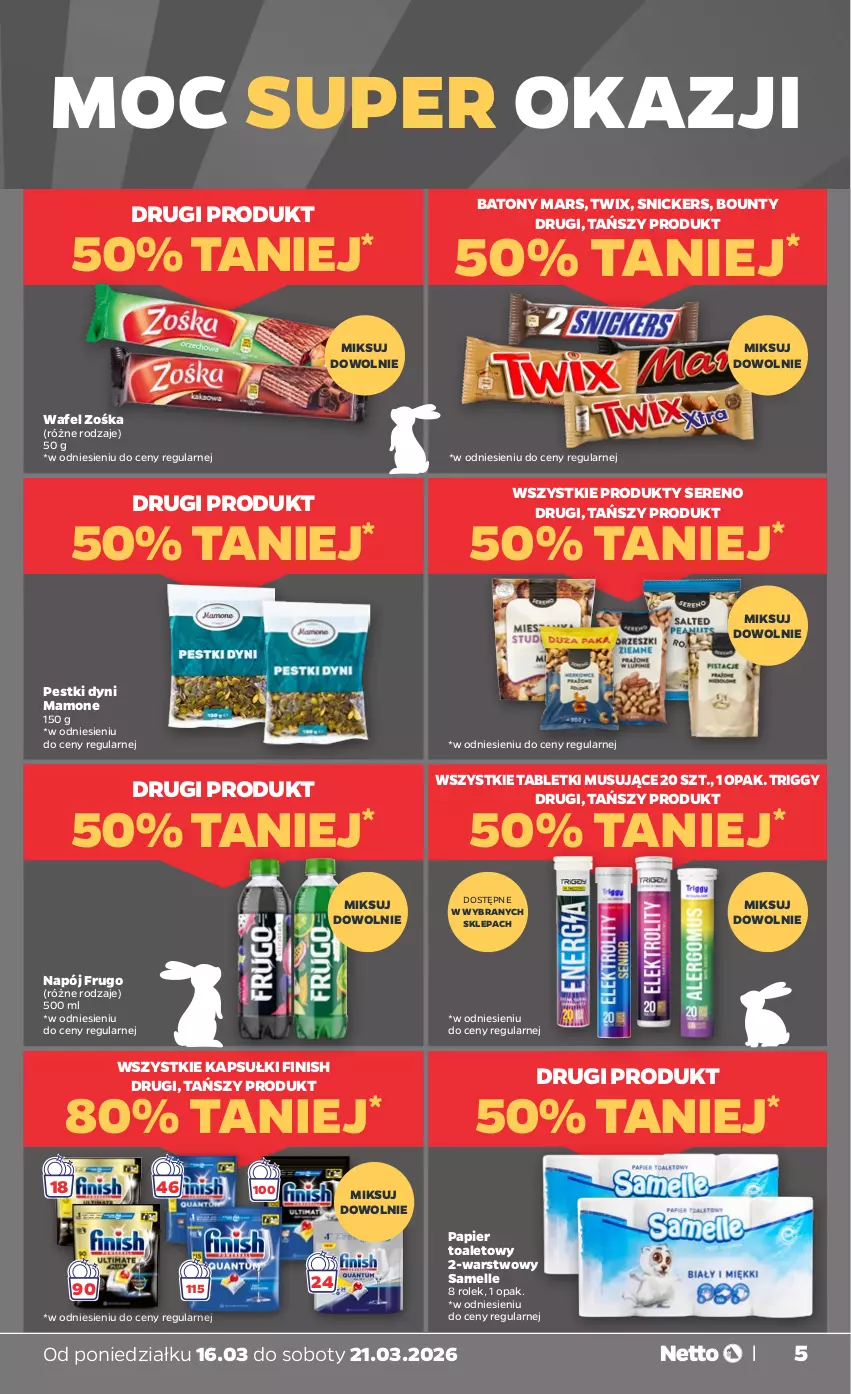 Gazetka promocyjna Netto - Od Poniedziałku - ważna 16.03 do 21.03.2026 - strona 5 - produkty: Baton, Bounty, Finish, Mars, Mus, Napój, Papier, Papier toaletowy, Pestki dyni, Ser, Snickers, Tablet, Tabletki musujące, Twix