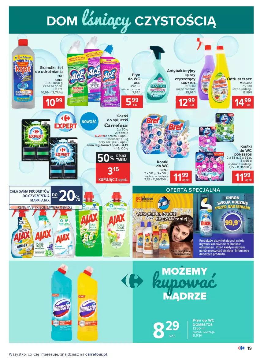 Gazetka promocyjna Carrefour - Gazetka Carrefour - ważna 01.03 do 13.03.2021 - strona 19 - produkty: Ajax, Antybakteryjny spray, Bref, Domestos, Gra, Kosz, Kret, Odtłuszczacz, Płyn do wc, Sanytol