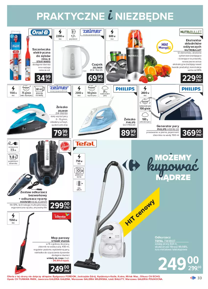 Gazetka promocyjna Carrefour - Gazetka Carrefour - ważna 01.03 do 13.03.2021 - strona 33 - produkty: Czajnik, Dywan, Fa, Generator pary, Mop, Mop parowy, Odkurzacz, Orka, Philips, Rura, Star Wars, Szczoteczka, Tefal, Teleskop, Traktor, Vileda, Zelmer