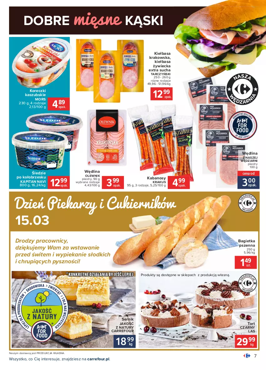 Gazetka promocyjna Carrefour - Gazetka Carrefour - ważna 01.03 do 13.03.2021 - strona 7 - produkty: Bagietka, Bagietka pszenna, Cukier, Kabanos, Kiełbasa, Kiełbasa krakowska, Koreczki kaszubskie, Krakus, Olewnik, Ser, Tarczyński, Wędlina