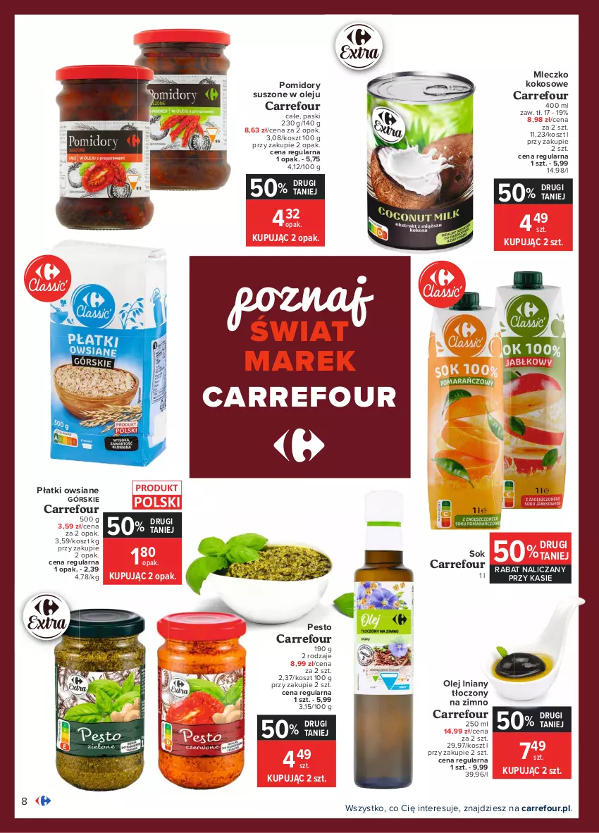 Gazetka promocyjna Carrefour - Gazetka Carrefour - ważna 01.03 do 13.03.2021 - strona 8 - produkty: Kokos, Kosz, Mleczko, Olej, Pesto, Płatki owsiane, Pomidory, Sok