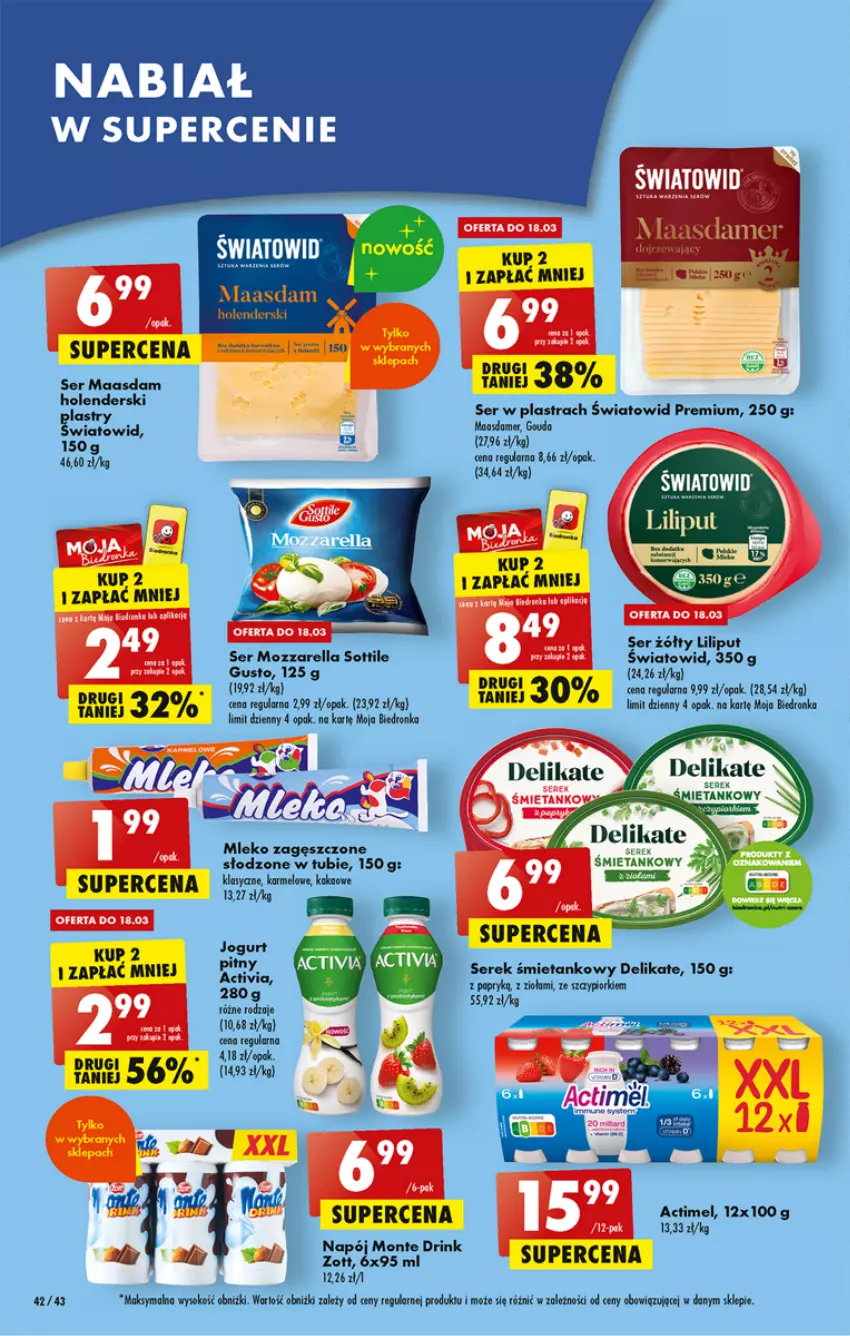 Gazetka promocyjna Biedronka - ważna 16.03 do 22.03.2023 - strona 42 - produkty: Actimel, Gouda, Maasdam, Mleko, Mleko zagęszczone, Monte, Mozzarella, Napój, Ser, Serek, Sok, Zott