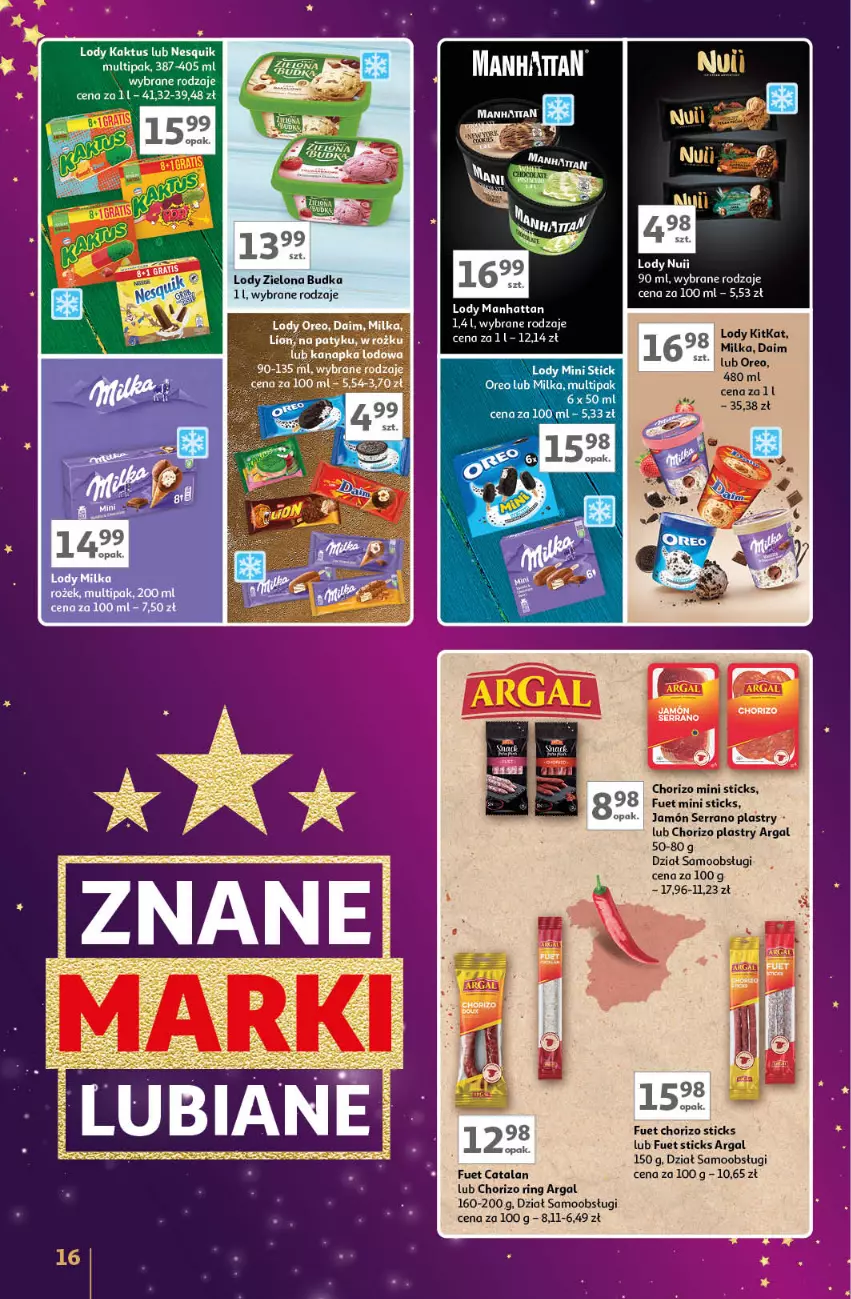 Gazetka promocyjna Auchan - Znane Marki Lubiane Hipermarket - ważna 28.11 do 07.12.2024 - strona 16 - produkty: Jamón serrano, Kaktus, Lion, Lody, Milka, Nesquik, Oreo, Ser, Zielona Budka