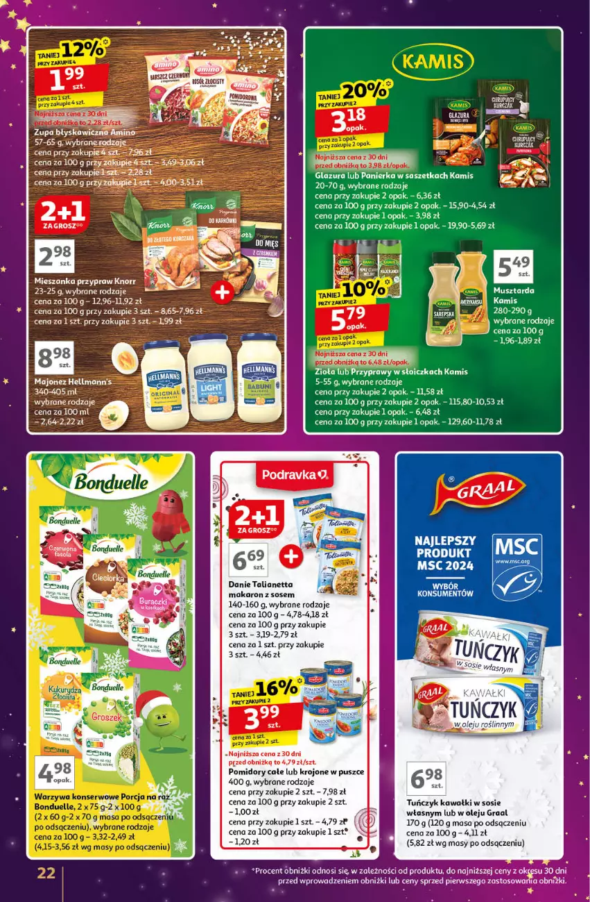 Gazetka promocyjna Auchan - Znane Marki Lubiane Hipermarket - ważna 28.11 do 07.12.2024 - strona 22 - produkty: Glazura, Gra, Graal, Kamis, Kawa, Knorr, Kurczak, Lazur, Majonez, Makaron, Makaron z sosem, Mus, Musztarda, Olej, Pomidory, Przyprawy, Sos, Tuńczyk