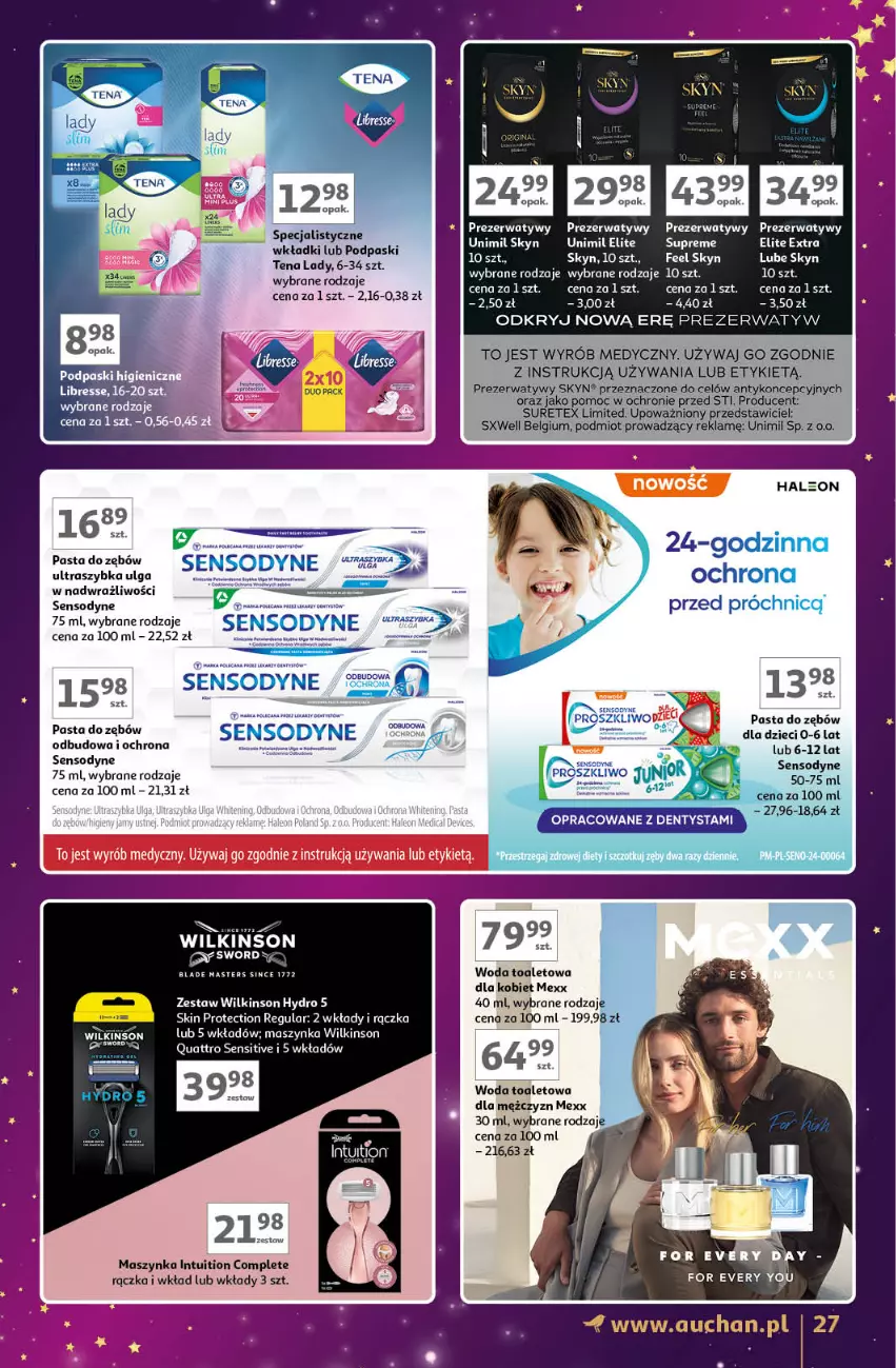 Gazetka promocyjna Auchan - Znane Marki Lubiane Hipermarket - ważna 28.11 do 07.12.2024 - strona 27 - produkty: Dentysta, Dzieci, LG, Maszynka, Mexx, Mysz, Pasta do zębów, Podpaski, Prezerwatyw, Sensodyne, Skyn, Szynka, Unimil, Wkładki, Woda, Woda toaletowa