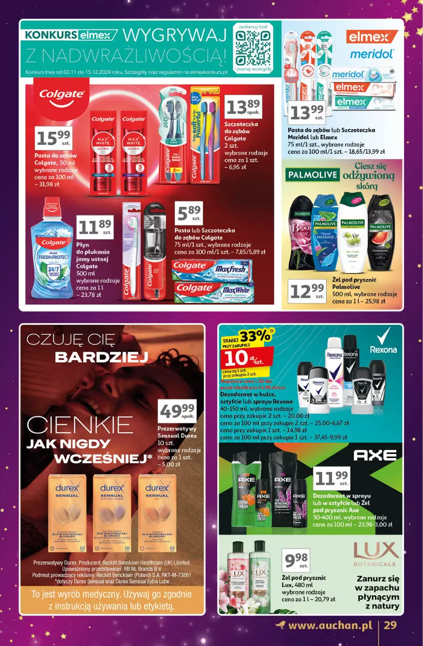 Gazetka promocyjna Auchan - Znane Marki Lubiane Hipermarket - ważna 28.11 do 07.12.2024 - strona 29 - produkty: Colgate, Dezodorant, Durex, Elmex, LG, Palmolive, Pasta do zębów, Prezerwatyw, Rexona, Sensual, Ser, Szczoteczka, Szczoteczka do zębów