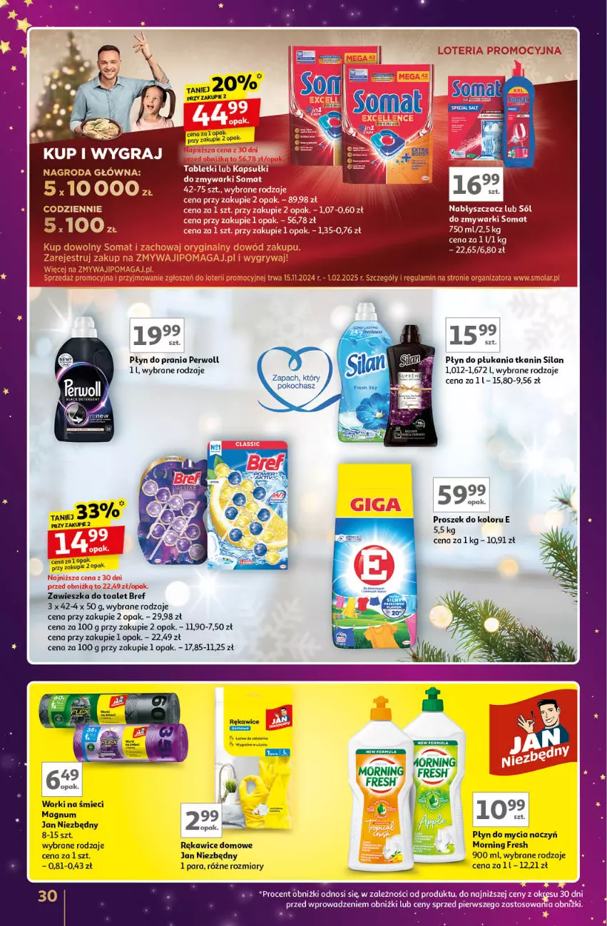 Gazetka promocyjna Auchan - Znane Marki Lubiane Hipermarket - ważna 28.11 do 07.12.2024 - strona 30 - produkty: Bref, Do mycia naczyń, Gra, Jan Niezbędny, Perwoll, Płyn do mycia, Płyn do mycia naczyń, Płyn do płukania, Płyn do prania, Rękawice, Silan, Sól, Worki na śmiec, Worki na śmieci