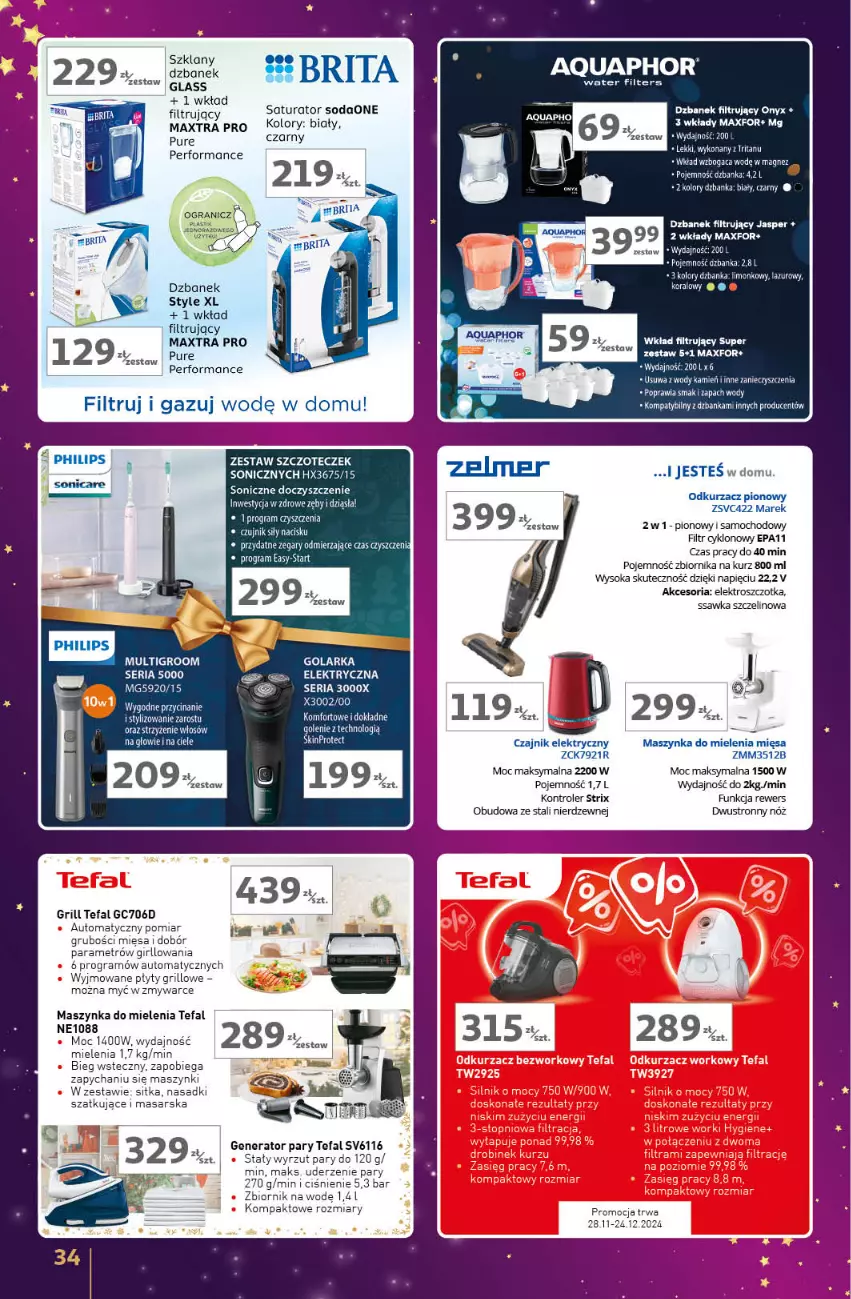 Gazetka promocyjna Auchan - Znane Marki Lubiane Hipermarket - ważna 28.11 do 07.12.2024 - strona 34 - produkty: Aquaphor, Czajnik, Czajnik elektryczny, Dzbanek, Dzbanek filtrujący, Fa, Generator pary, Golarka, Gra, Grill, Kontroler, Maszynka, Maszynka do mielenia, Odkurzacz, Pur, Ser, Sok, Szczotka, Szynka, Tefal