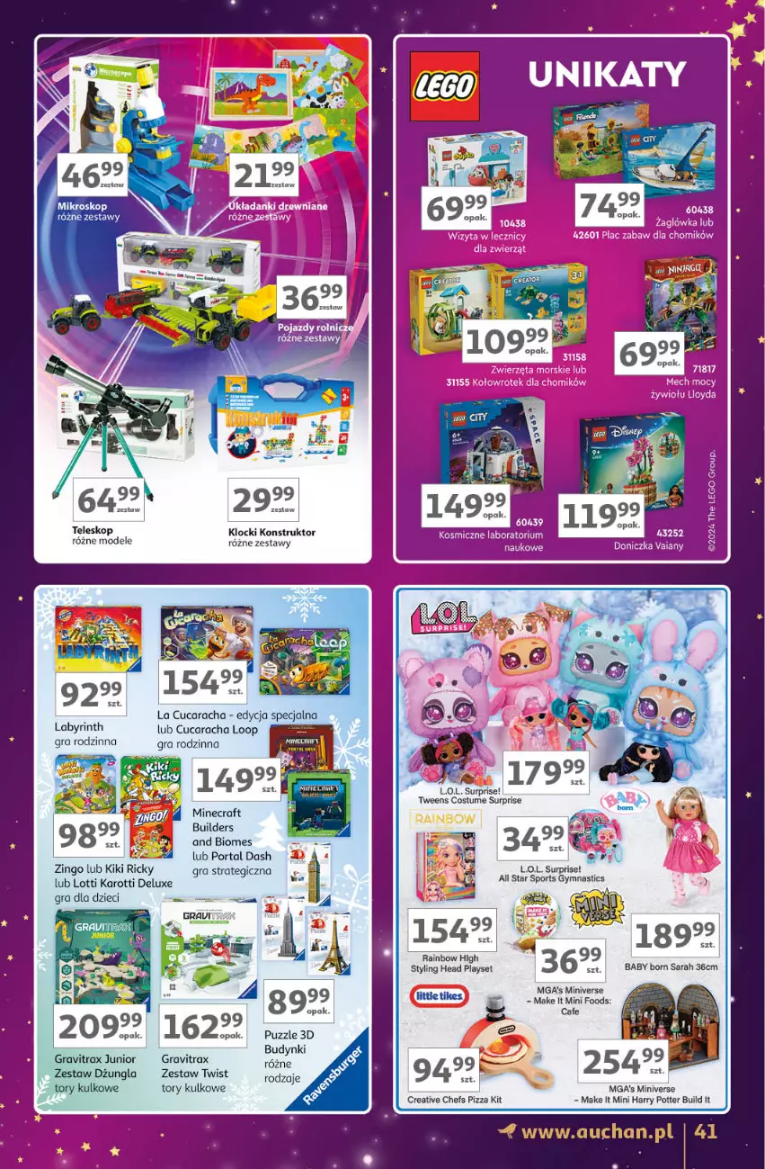 Gazetka promocyjna Auchan - Znane Marki Lubiane Hipermarket - ważna 28.11 do 07.12.2024 - strona 41 - produkty: Baby Born, Dzieci, Gra, Gravitrax, Harry Potter, Klocki, L.O.L., LEGO, Minecraft, Pizza, Pojazd, Por, Portal, Puzzle, Sport, Teleskop, Zwierzęta