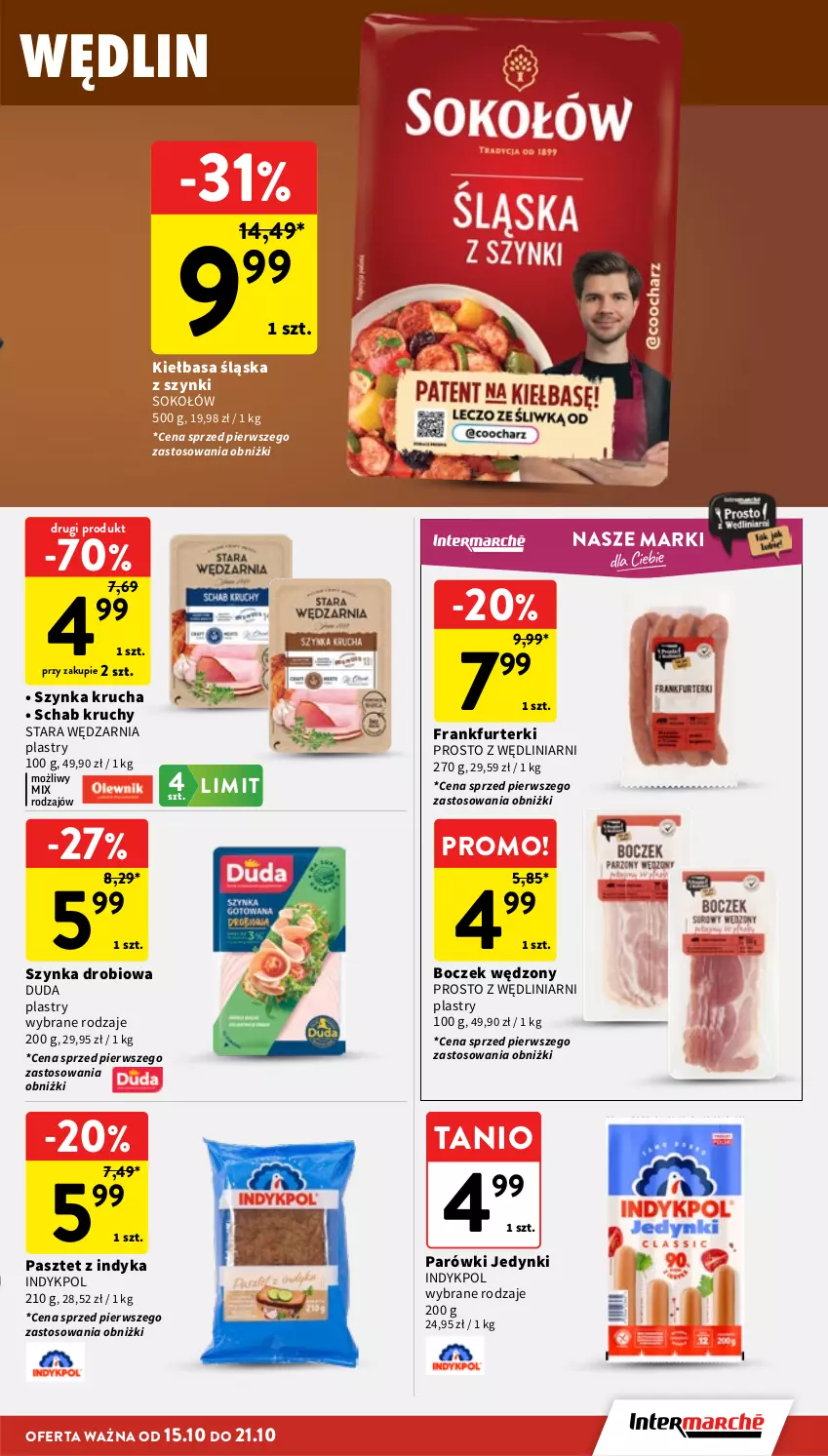 Gazetka promocyjna Intermarche - Gazetka promocyjna - ważna 15.10 do 21.10.2026 - strona 15 - produkty: Boczek, Duda, Frankfurterki, Kiełbasa, Kiełbasa śląska, Parówki, Pasztet, Pasztet z indyka, Sok, Sokołów, Szynka