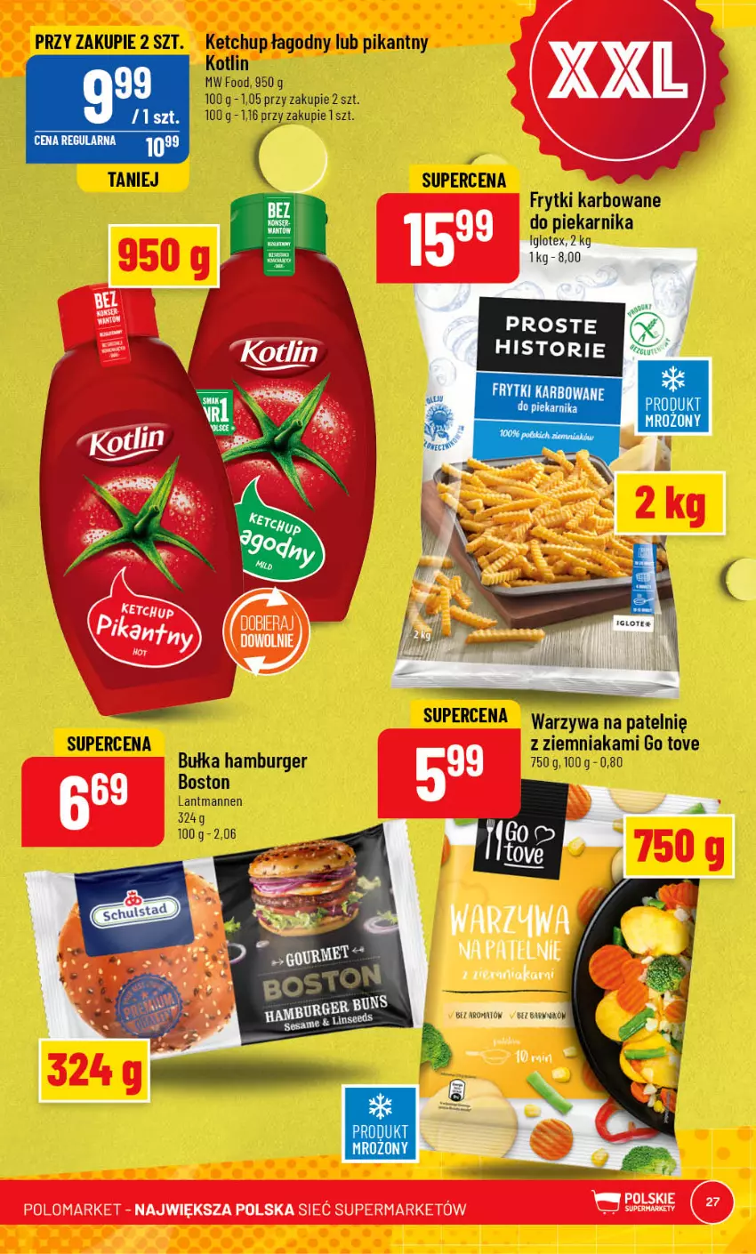 Gazetka promocyjna PoloMarket - Gazetka pomocyjna - ważna 15.03 do 21.03.2023 - strona 27 - produkty: Bułka, Bułka hamburger, Burger, Frytki, Hamburger, Ketchup, Kotlin, Piekarnik, Warzywa