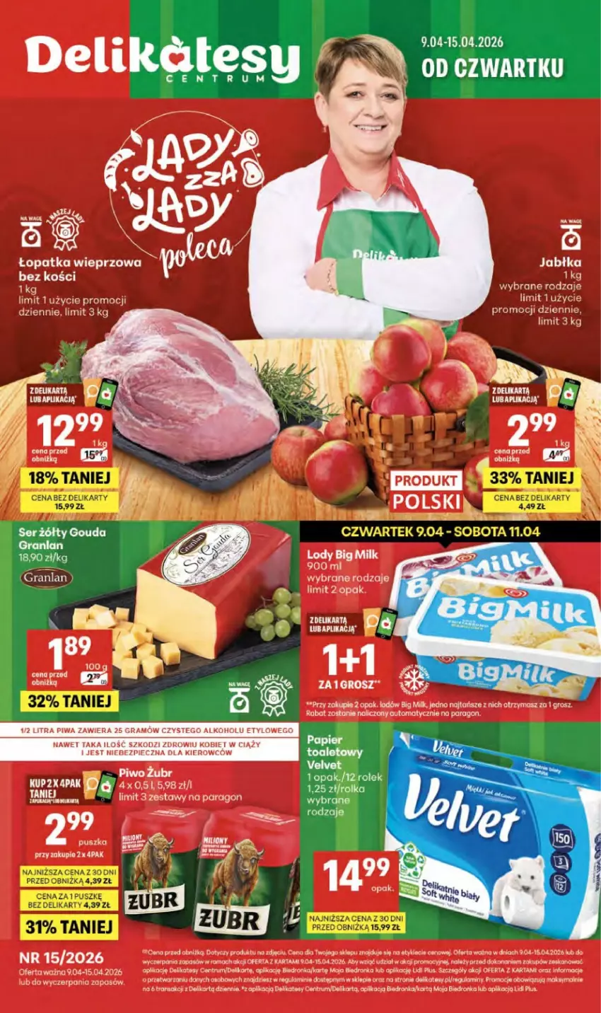 Gazetka promocyjna Delikatesy Centrum - Franczyza DC15 Czwartek - ważna 09.04 do 15.04.2026 - strona 1 - produkty: Big Milk, Gouda, Gra, Jabłka, Koc, Lion, Lody, Papier, Piec, Piwa, Piwo, Rama, Rum, Ser