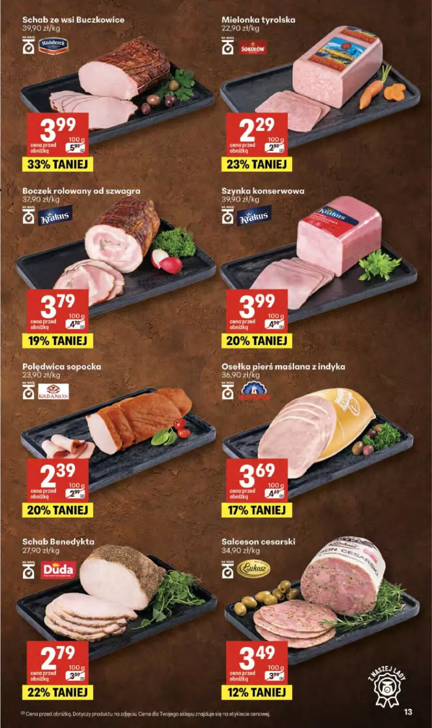 Gazetka promocyjna Delikatesy Centrum - Franczyza DC15 Czwartek - ważna 09.04 do 15.04.2026 - strona 13 - produkty: Boczek, Duda, Fa, Gra, LANA, Mielonka tyrolska, Polędwica, Salceson, Ser, Szynka, Szynka konserwowa