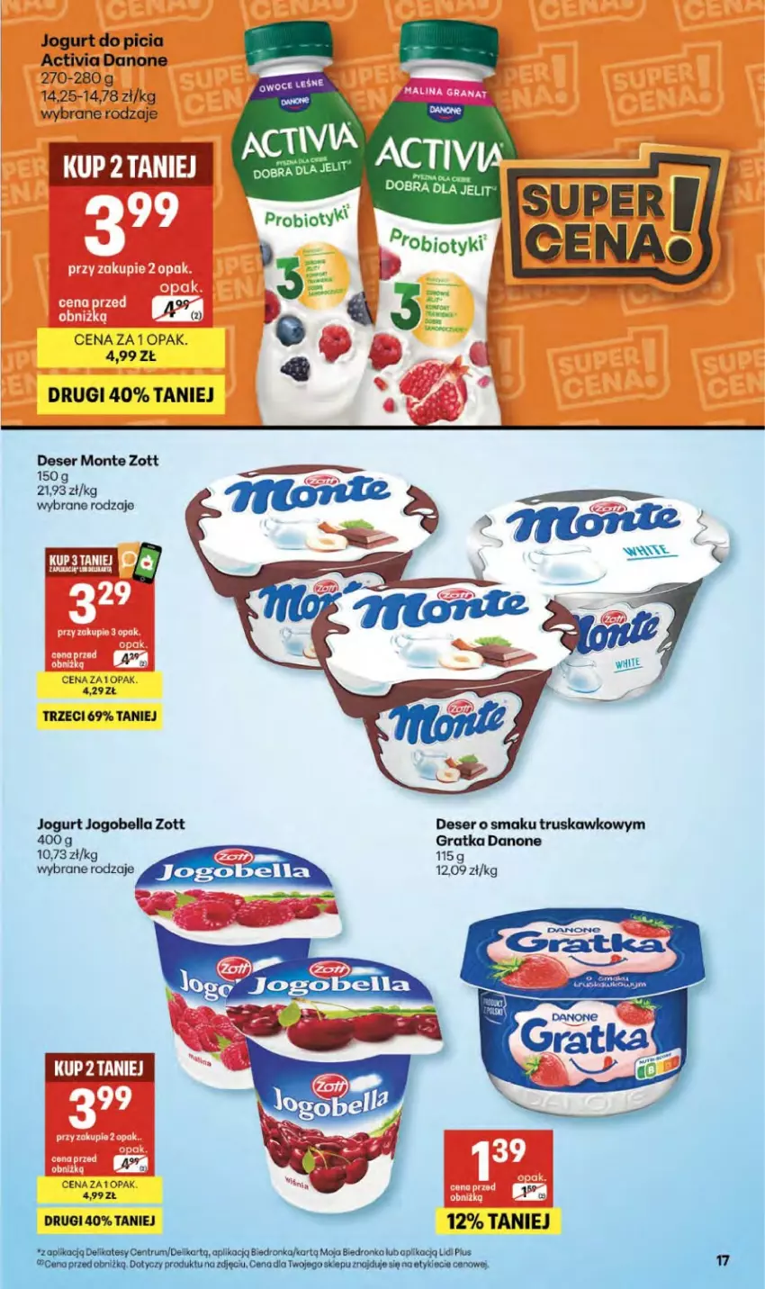 Gazetka promocyjna Delikatesy Centrum - Franczyza DC15 Czwartek - ważna 09.04 do 15.04.2026 - strona 17 - produkty: Activia, Bell, Bella, Danone, Deser, Gra, Jogobella, Jogurt, Monte, Rum, Ser, Zott