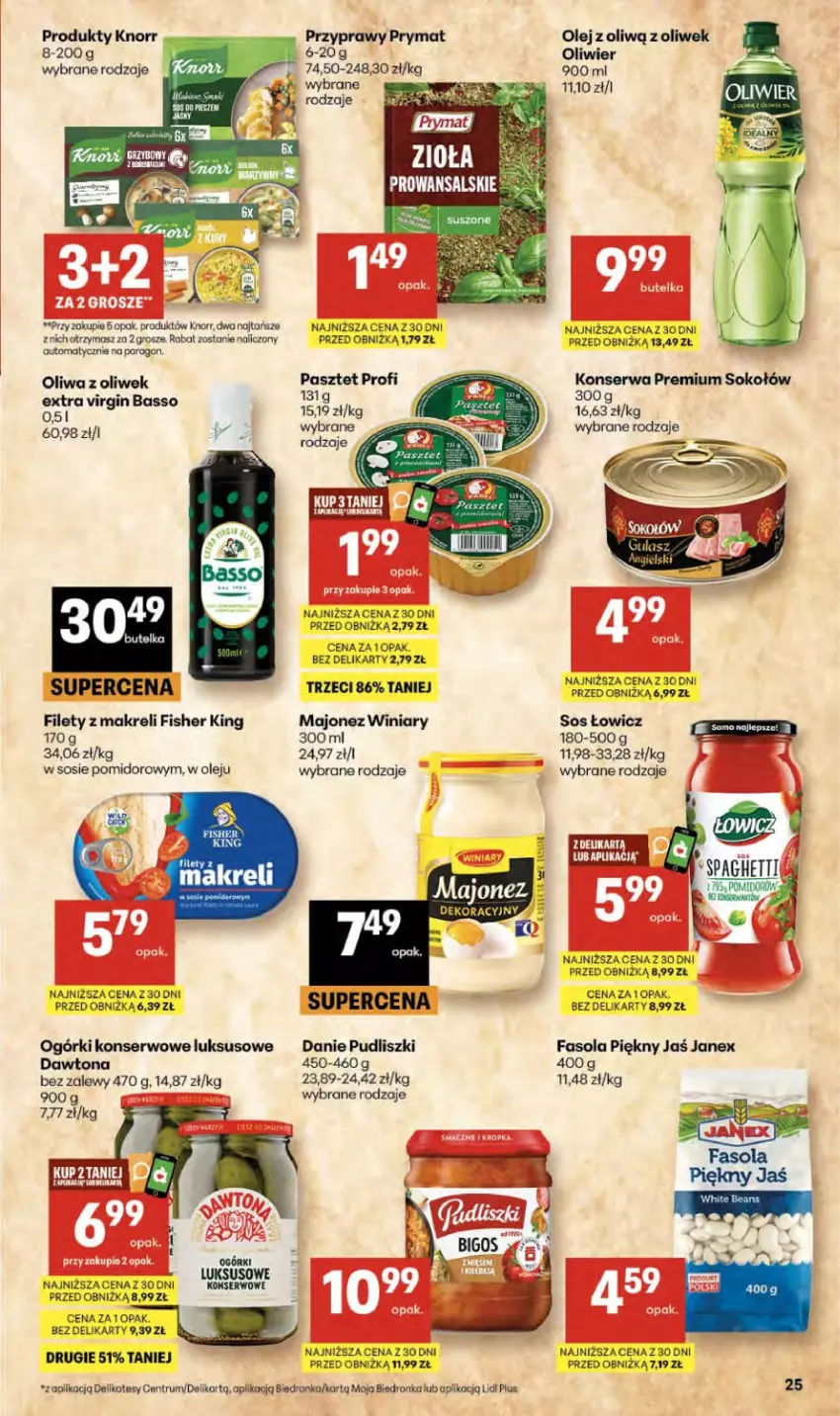 Gazetka promocyjna Delikatesy Centrum - Franczyza DC15 Czwartek - ważna 09.04 do 15.04.2026 - strona 25 - produkty: Dawtona, Fa, Fasola, Gin, Knorr, Majonez, Ogórki konserwowe, Olej, Oliwa, Oliwa z oliwek, Pasztet, Prymat, Przyprawy, Pudliszki, Rum, Ser, Sok, Sokołów, Sos, Spaghetti, Winiary