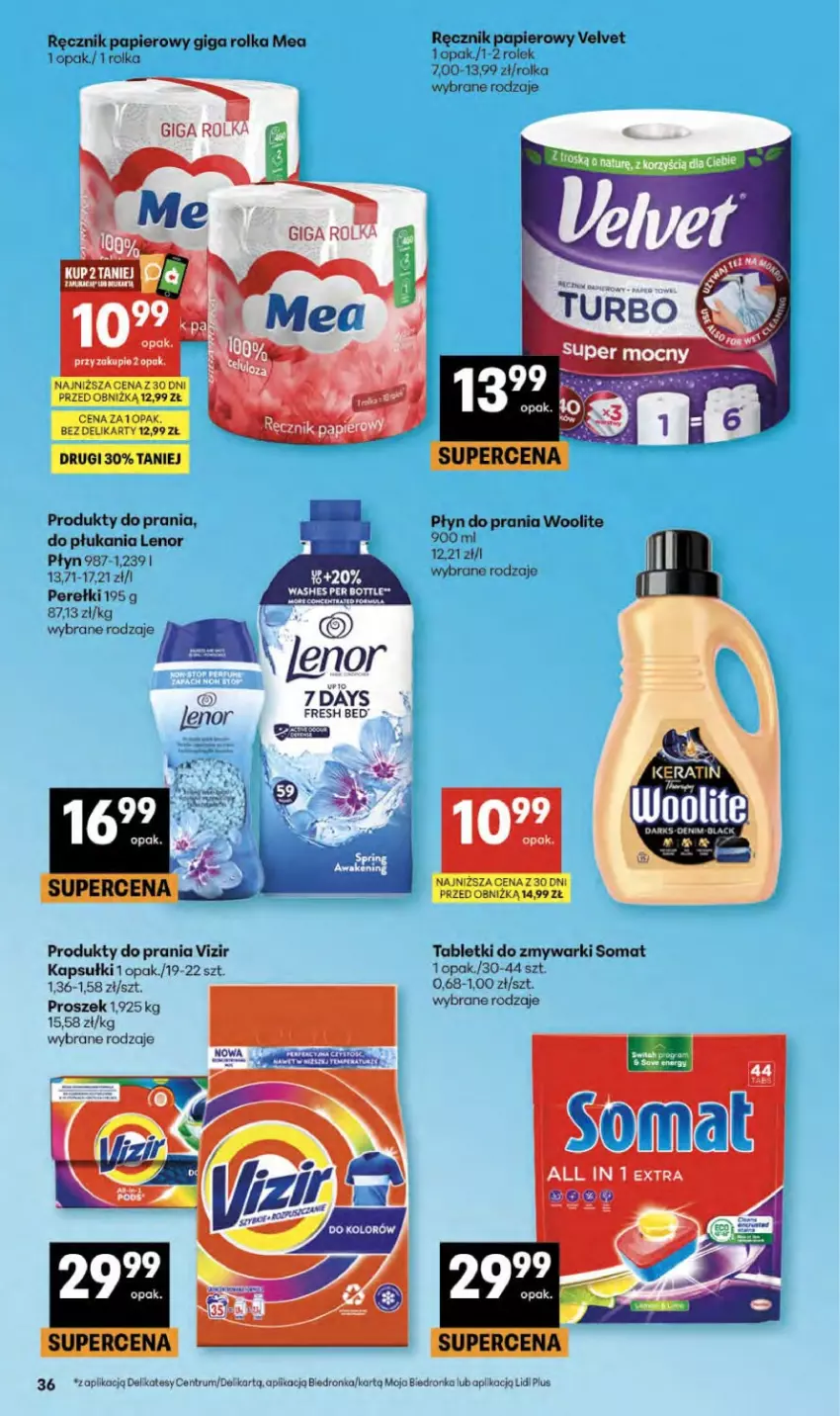 Gazetka promocyjna Delikatesy Centrum - Franczyza DC15 Czwartek - ważna 09.04 do 15.04.2026 - strona 36 - produkty: Lack, Lenor, Papier, Płyn do prania, Ręcznik, Rum, Somat, Tablet, Tabletki do zmywarki, Velvet, Vizir, Woolite, Zmywarki