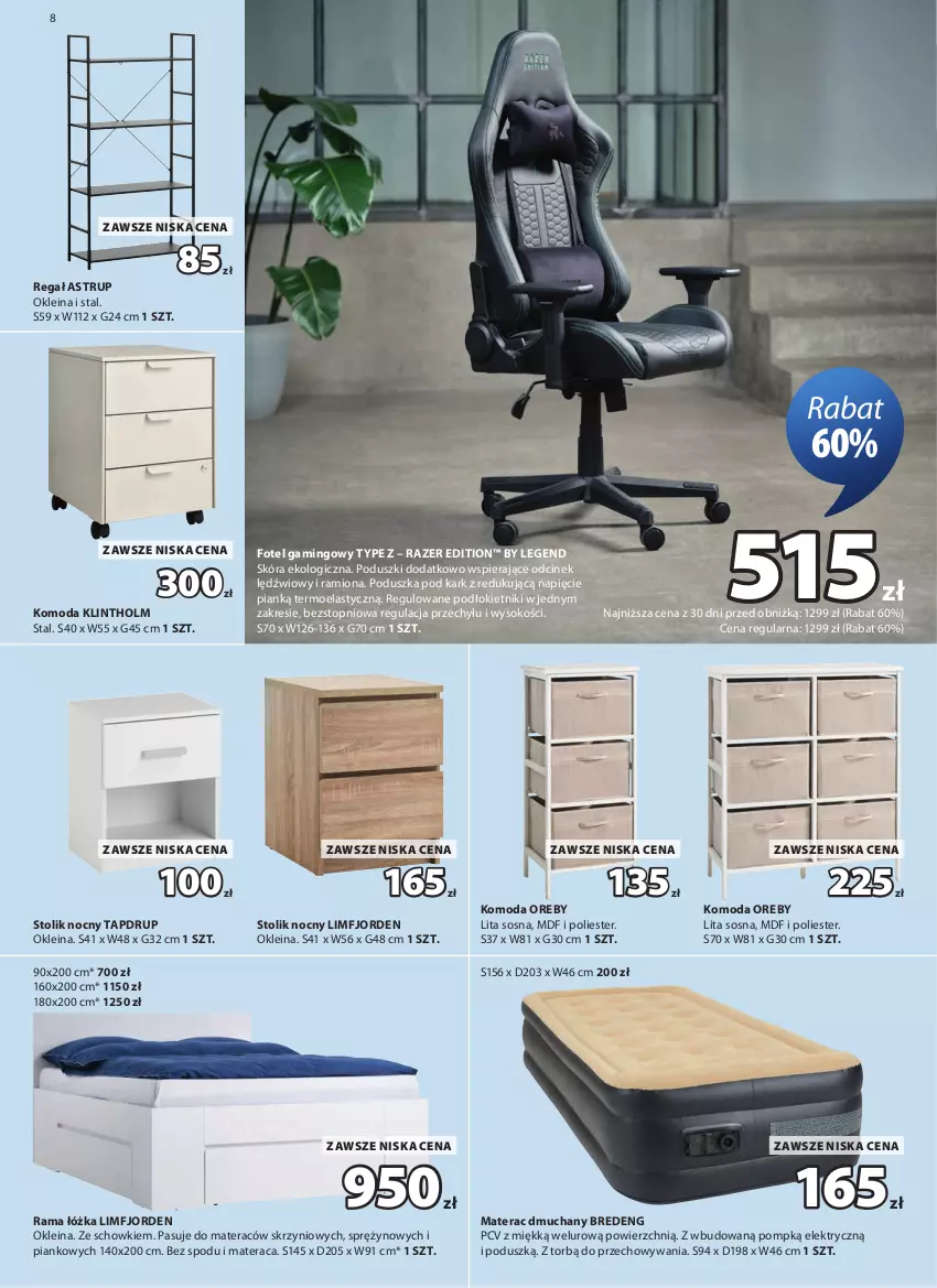 Gazetka promocyjna Jysk - Oferta tygodnia - ważna 21.10 do 08.11.2026 - strona 9 - produkty: Fotel, Fotel gamingowy, Komoda, Materac, Materac dmuchany, Moda, Poduszka, Poduszka pod kark, Rama, Rama łóżka, Razer, Regał, Sok, Sos, Stolik, Stolik nocny, Tera, Top