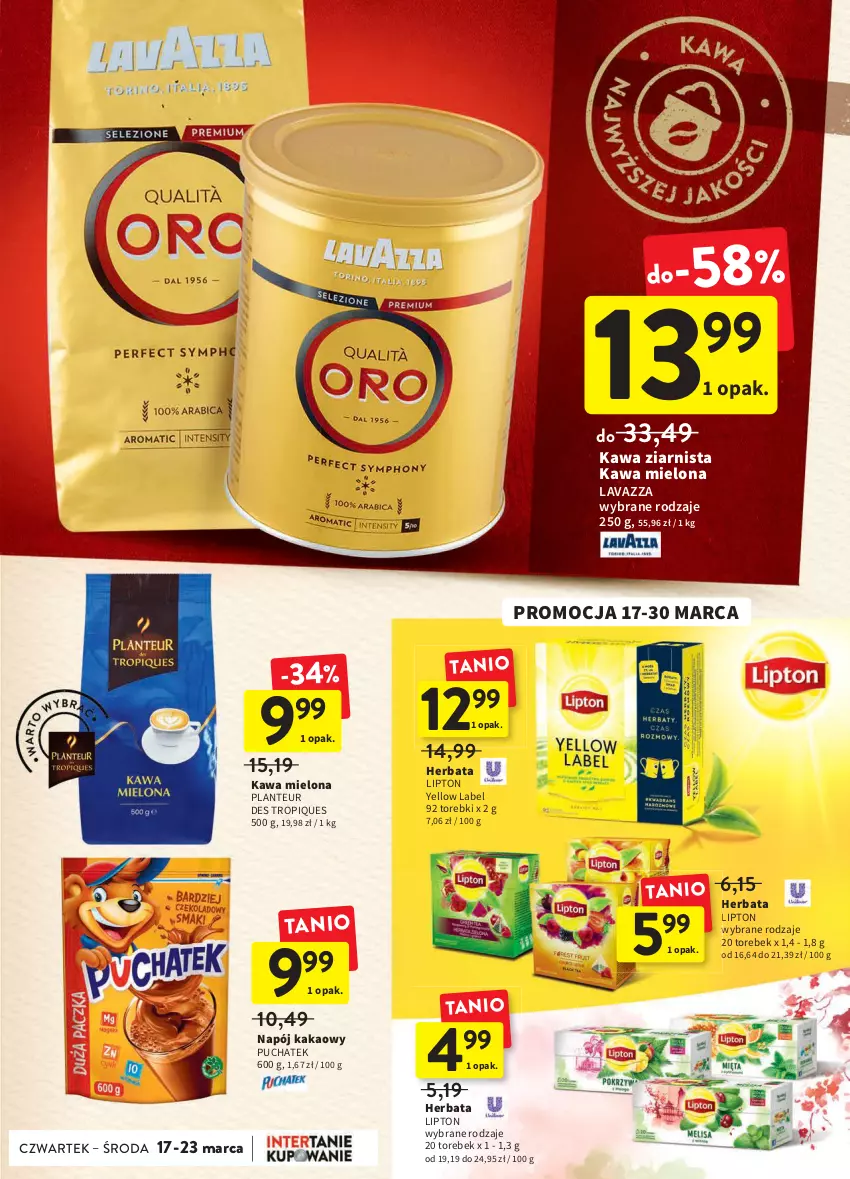 Gazetka promocyjna Intermarche - ważna 17.03 do 23.03.2022 - strona 25 - produkty: Herbata, Kakao, Kawa, Kawa mielona, Kawa ziarnista, Lavazza, Lipton, Napój