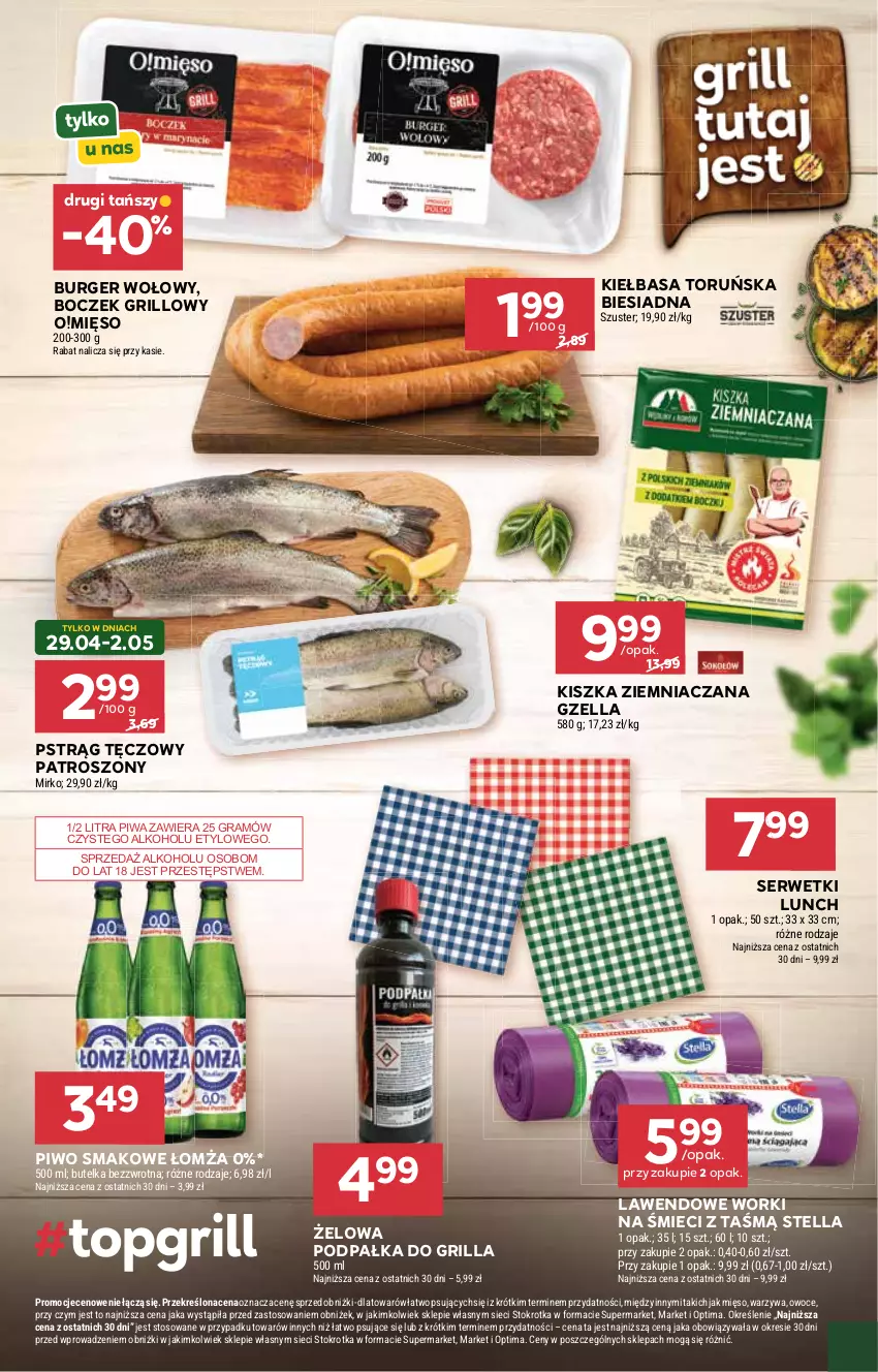 Gazetka promocyjna Stokrotka - Supermarket - ważna 29.04 do 06.05.2026 - strona 11 - produkty: Boczek, Burger, Gra, Grill, Kiełbasa, Mięso, Optima, Owoce, Piwa, Piwo, Pstrąg, Pstrąg tęczowy, Ser, Serwetki, Warzywa, Worki na śmiec, Worki na śmieci