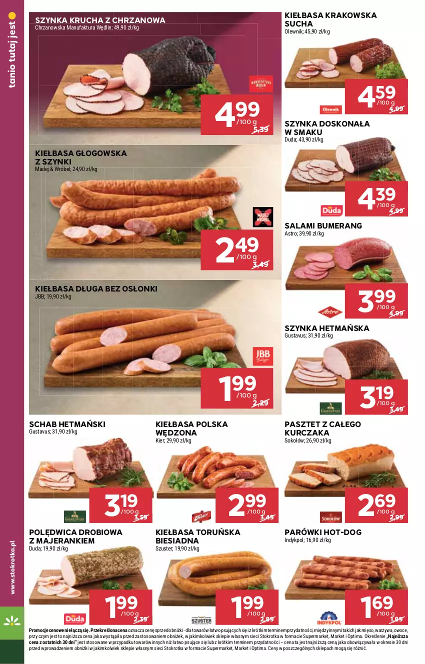 Gazetka promocyjna Stokrotka - Supermarket - ważna 29.04 do 06.05.2026 - strona 16 - produkty: Bumerang, Chrzan, Duda, Fa, Kiełbasa, Kiełbasa głogowska, Kiełbasa krakowska, Kurczak, Mięso, Olewnik, Optima, Owoce, Parówki, Pasztet, Polędwica, Salami, Sok, Sokołów, Szynka, Warzywa