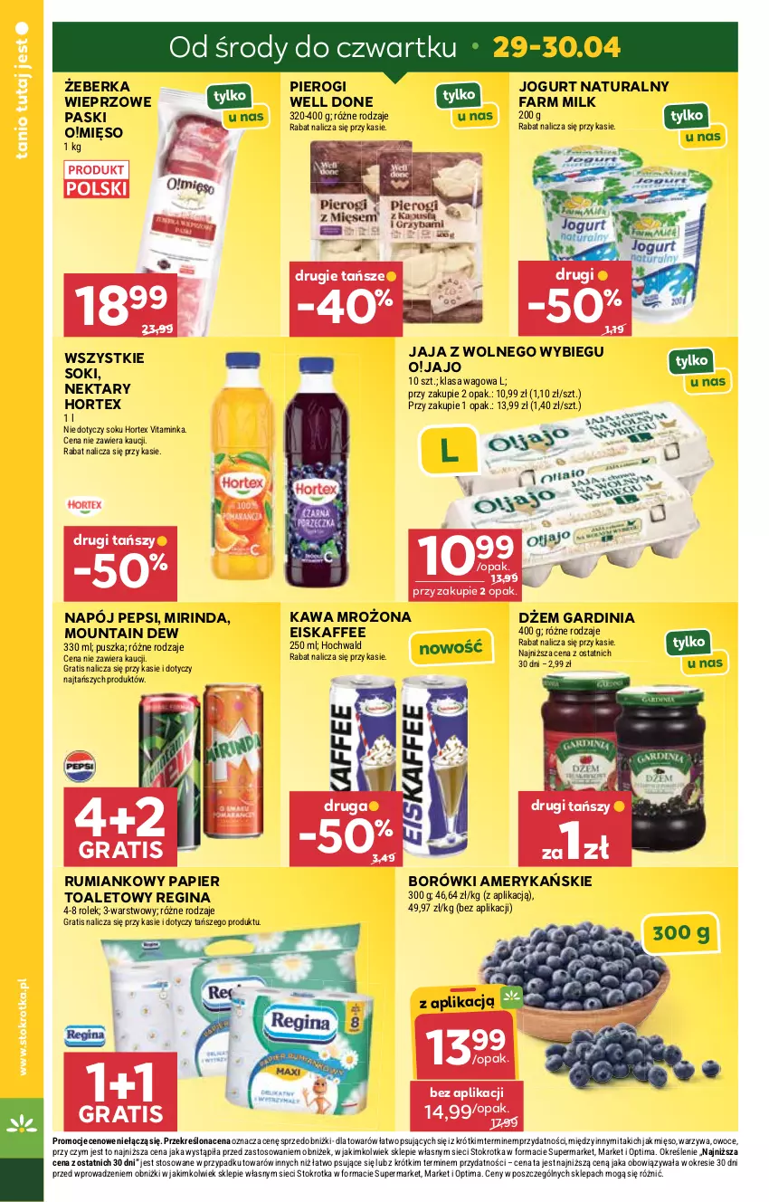 Gazetka promocyjna Stokrotka - Supermarket - ważna 29.04 do 06.05.2026 - strona 2 - produkty: Dżem, Fa, Farm Milk, Gin, Gra, Hortex, Inka, Jaja, Jaja z wolnego wybiegu, Jogurt, Jogurt naturalny, Kawa, Mięso, Mirinda, Napój, Nektar, Optima, Owoce, Papier, Papier toaletowy, Pepsi, Pierogi, Rum, Sok, Warzywa
