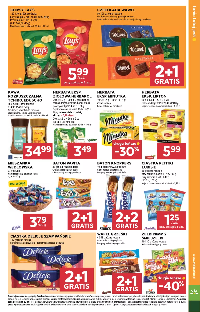 Gazetka promocyjna Stokrotka - Supermarket - ważna 29.04 do 06.05.2026 - strona 23 - produkty: Baton, Chipsy, Ciastka, Czekolada, Delicje, Gra, Grześki, Herbapol, Herbata, Kawa, Kawa rozpuszczalna, Knoppers, Kokos, Koper włoski, Lack, Lipton, Lubisie, Mięso, Mieszanka wedlowska, Mięta, Optima, Owoce, Rum, Stek, Tchibo, Warzywa, Wawel