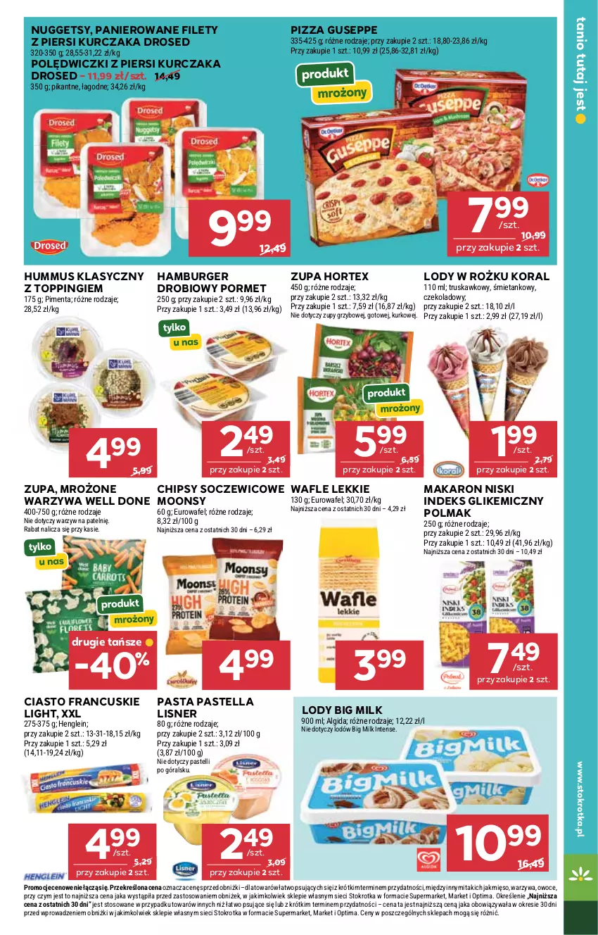 Gazetka promocyjna Stokrotka - Supermarket - ważna 29.04 do 06.05.2026 - strona 27 - produkty: Algida, Big Milk, Burger, Chipsy, Ciasto francuskie, Hamburger, Hortex, Hummus, Kurczak, LG, Lisner, Lody, Makaron, Mięso, Mus, Olma, Optima, Owoce, Pastella, Pizza, Por, Top, Wafle, Warzywa, Zupa