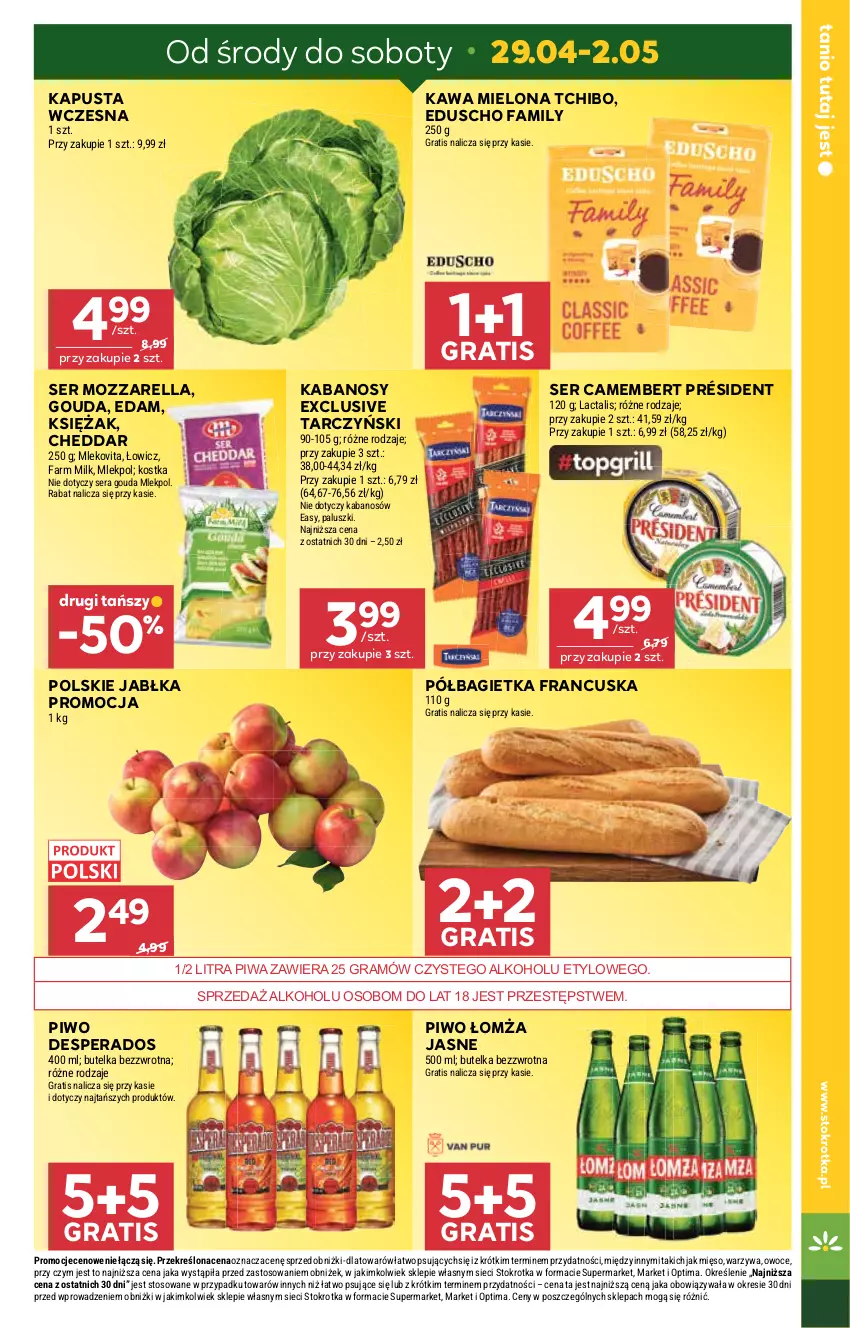 Gazetka promocyjna Stokrotka - Supermarket - ważna 29.04 do 06.05.2026 - strona 3 - produkty: Bagietka, Camembert, Cheddar, Desperados, Edam, Fa, Farm Milk, Gouda, Gra, Jabłka, Kabanos, Kawa, Kawa mielona, Mięso, Mleko, Mlekovita, Mozzarella, Optima, Owoce, Piwa, Piwo, Półbagietka, Président, Ser, Tarczyński, Tchibo, Warzywa