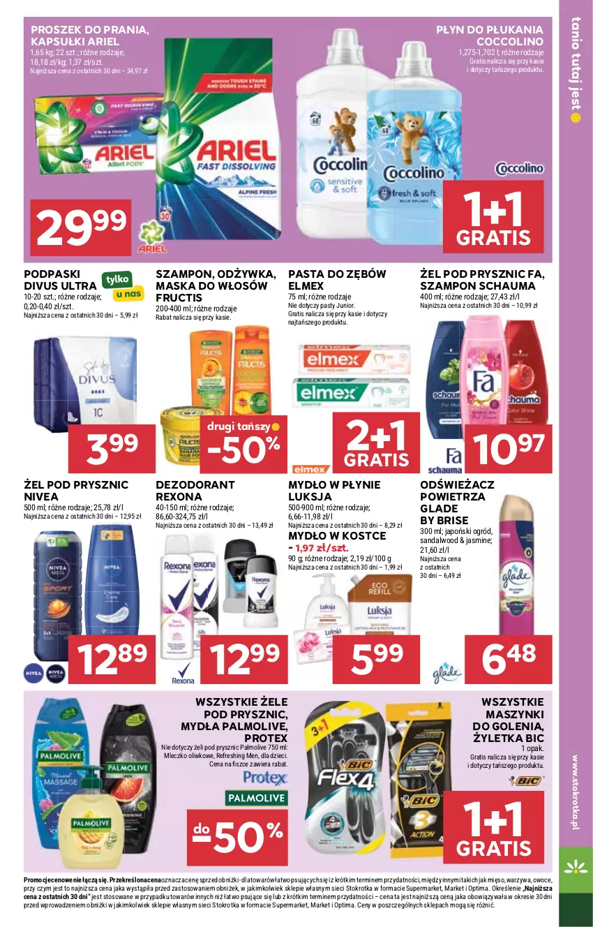 Gazetka promocyjna Stokrotka - Supermarket - ważna 29.04 do 06.05.2026 - strona 33 - produkty: Ariel, BIC, Coccolino, Dezodorant, Dzieci, Elmex, Fa, Fructis, Gra, Luksja, Maska, Maska do włosów, Mięso, Mleczko, Mydło, Mydło w płynie, Nivea, Odświeżacz powietrza, Odżywka, Ogród, Optima, Owoce, Palmolive, Pasta do zębów, Płyn do płukania, Podpaski, Proszek do prania, Rexona, Schauma, Szampon, Warzywa