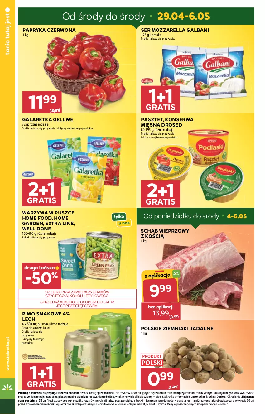 Gazetka promocyjna Stokrotka - Supermarket - ważna 29.04 do 06.05.2026 - strona 4 - produkty: Gala, Galaretka, Galbani, Gra, Mięso, Mozzarella, Optima, Owoce, Papryka, Papryka czerwona, Pasztet, Piwa, Piwo, Schab wieprzowy, Ser, Warzywa, Ziemniaki