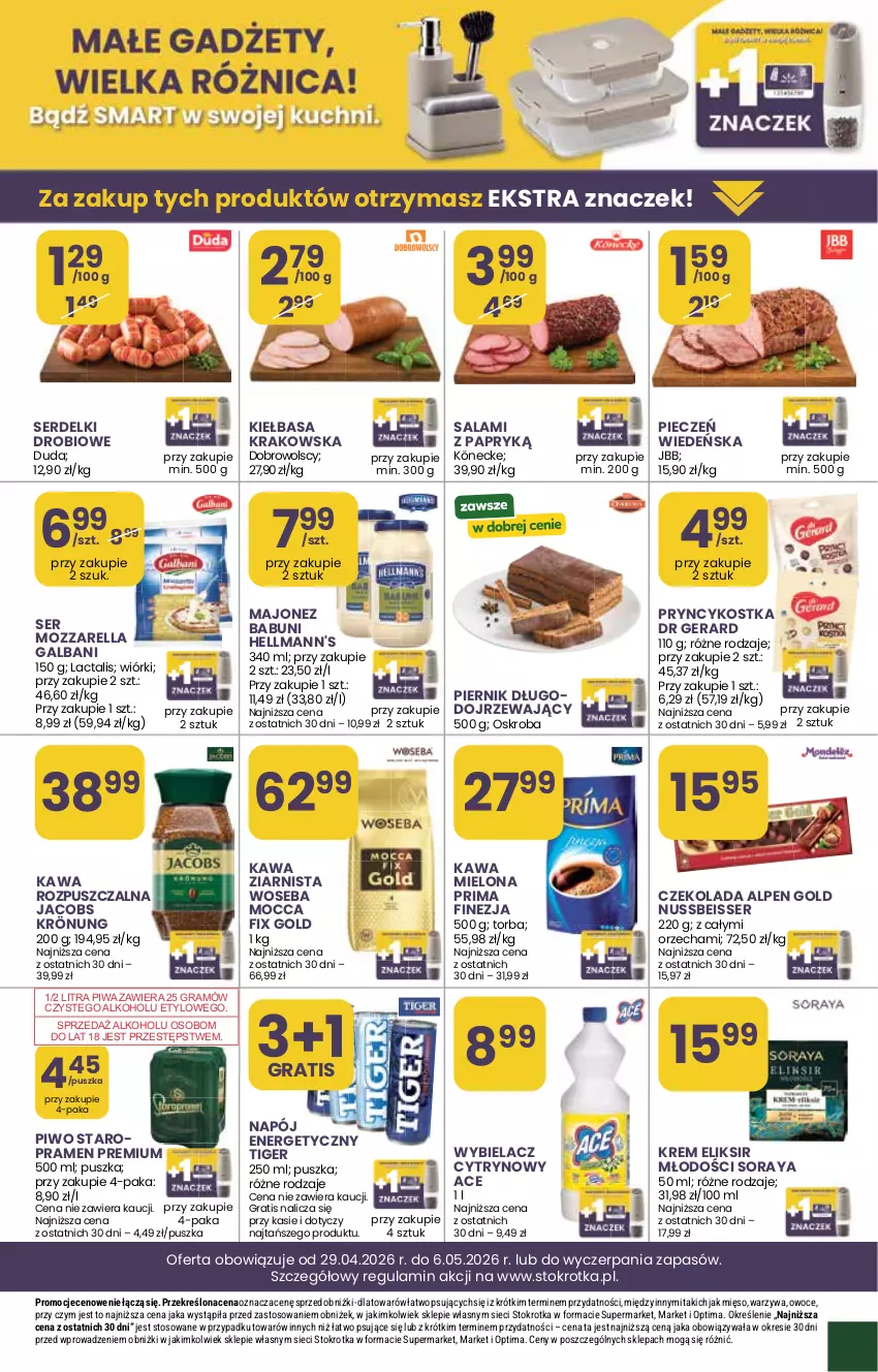 Gazetka promocyjna Stokrotka - Supermarket - ważna 29.04 do 06.05.2026 - strona 8 - produkty: Babuni, Czekolada, Dr Gerard, Duda, Galbani, Gra, Jacobs, Jacobs Krönung, Kawa, Kawa mielona, Kawa rozpuszczalna, Kawa ziarnista, Kiełbasa, Kiełbasa krakowska, Majonez, Mięso, Mocca Fix Gold, Mozzarella, Napój, Napój energetyczny, Optima, Owoce, Piec, Piernik, Piwa, Piwo, Prima, Salami, Salami z papryką, Ser, Serdelki, Tiger, Torba, Warzywa, Woseba