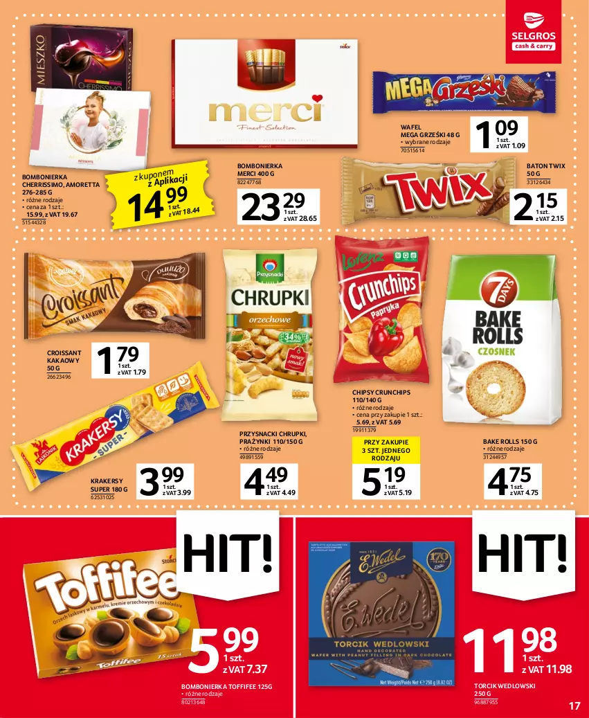 Gazetka promocyjna Selgros - Oferta spożywcza - ważna 20.04 do 02.05.2023 - strona 17 - produkty: Bake Rolls, Baton, Chipsy, Chrupki, Croissant, Crunchips, Grześki, Kakao, Krakersy, Merci, Przysnacki, Toffifee, Twix