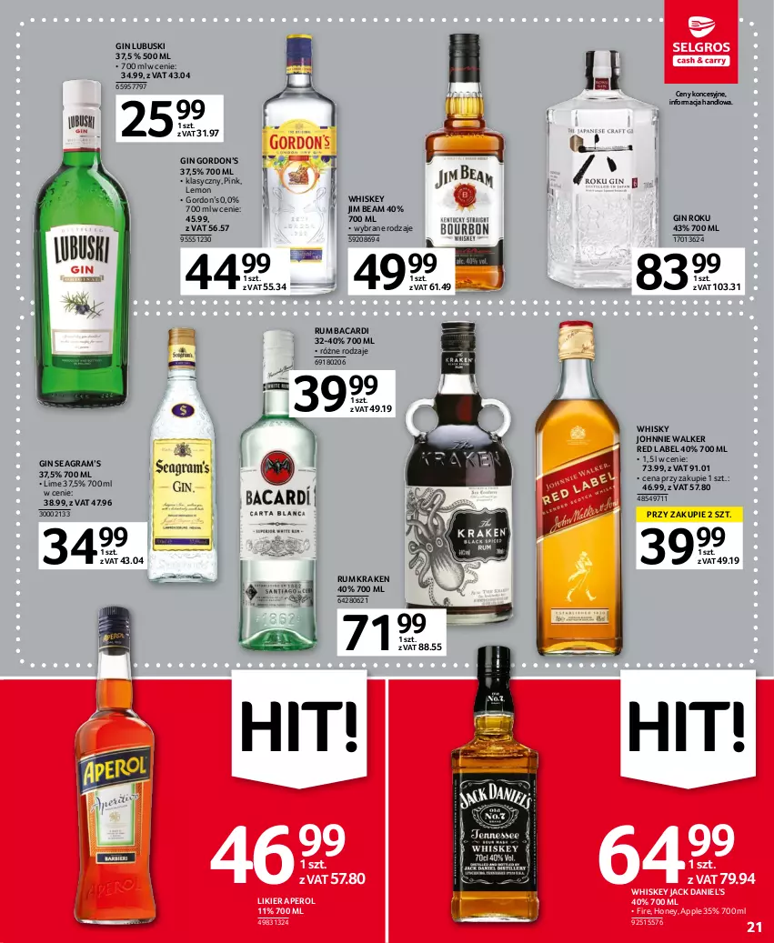 Gazetka promocyjna Selgros - Oferta spożywcza - ważna 20.04 do 02.05.2023 - strona 21 - produkty: Aperol, Bacardi, Gin, Gra, Jim Beam, Johnnie Walker, Likier, Rum, Whiskey, Whisky