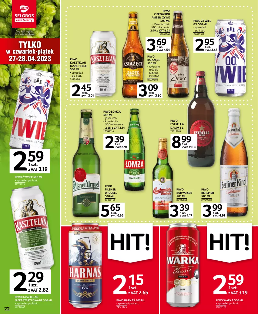 Gazetka promocyjna Selgros - Oferta spożywcza - ważna 20.04 do 02.05.2023 - strona 22 - produkty: Harnaś, Kasztelan, Książęce, Pilsner Urquell, Piwo, Ser, Warka