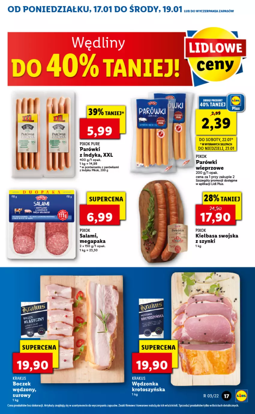 Gazetka promocyjna Lidl - GAZETKA - ważna 17.01 do 19.01.2022 - strona 17 - produkty: Boczek, Kiełbasa, Krakus, Parówki, PIKOK, Por, Pur, Salami