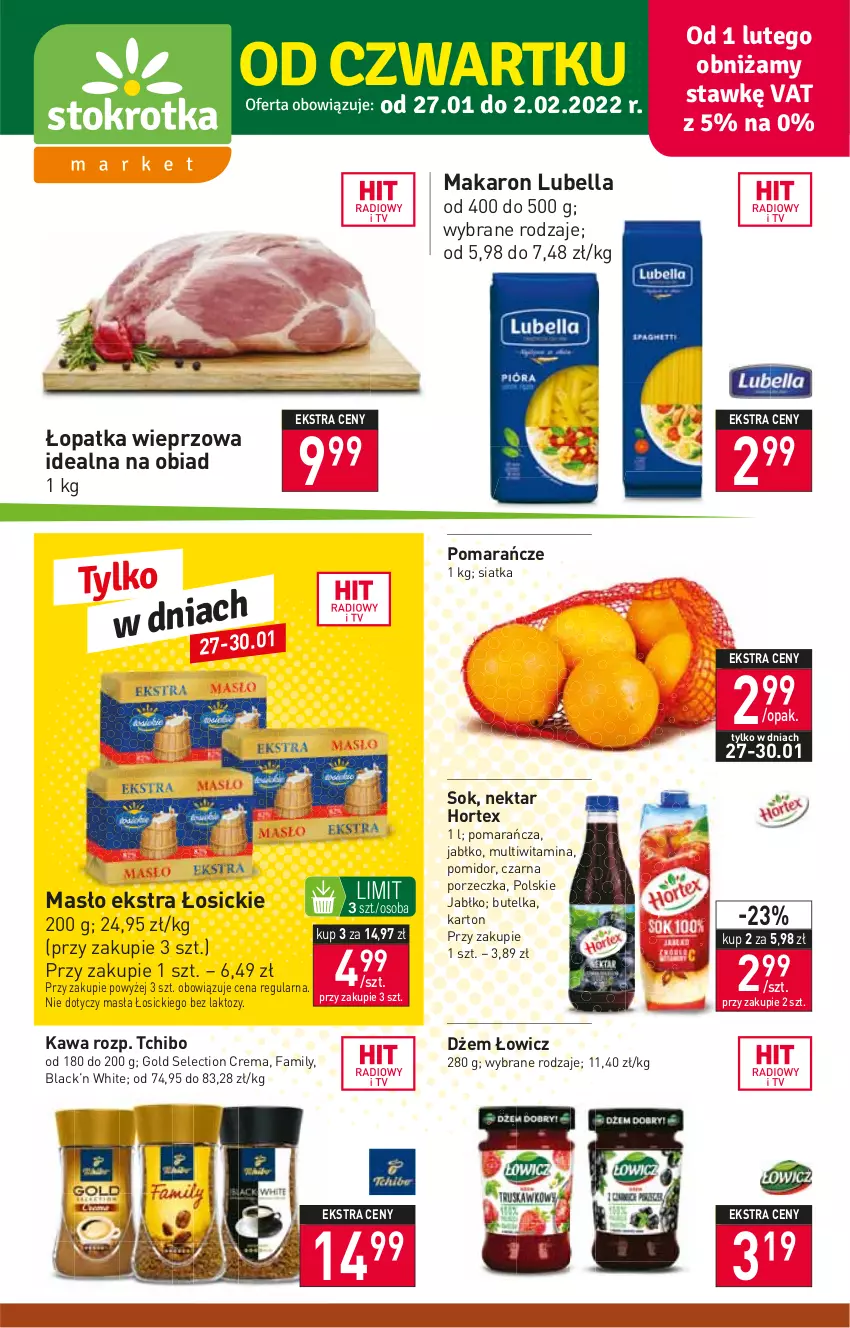 Gazetka promocyjna Stokrotka - Market - ważna 27.01 do 02.02.2022 - strona 1 - produkty: Bell, Bella, Dżem, Fa, Hortex, Kawa, Lack, Lubella, Makaron, Masło, Nektar, Pomarańcze, Por, Siatka, Sok, Tchibo