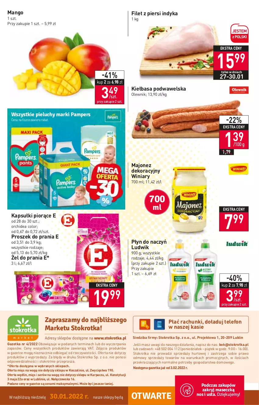 Gazetka promocyjna Stokrotka - Market - ważna 27.01 do 02.02.2022 - strona 12 - produkty: Filet z piersi indyka, Karp, Kiełbasa, Kiełbasa podwawelska, Kosz, Ludwik, Majonez, Mango, O nas, Olewnik, Proszek do prania, Ser, Szal, Telefon, Wagi, Wawel, Winiary