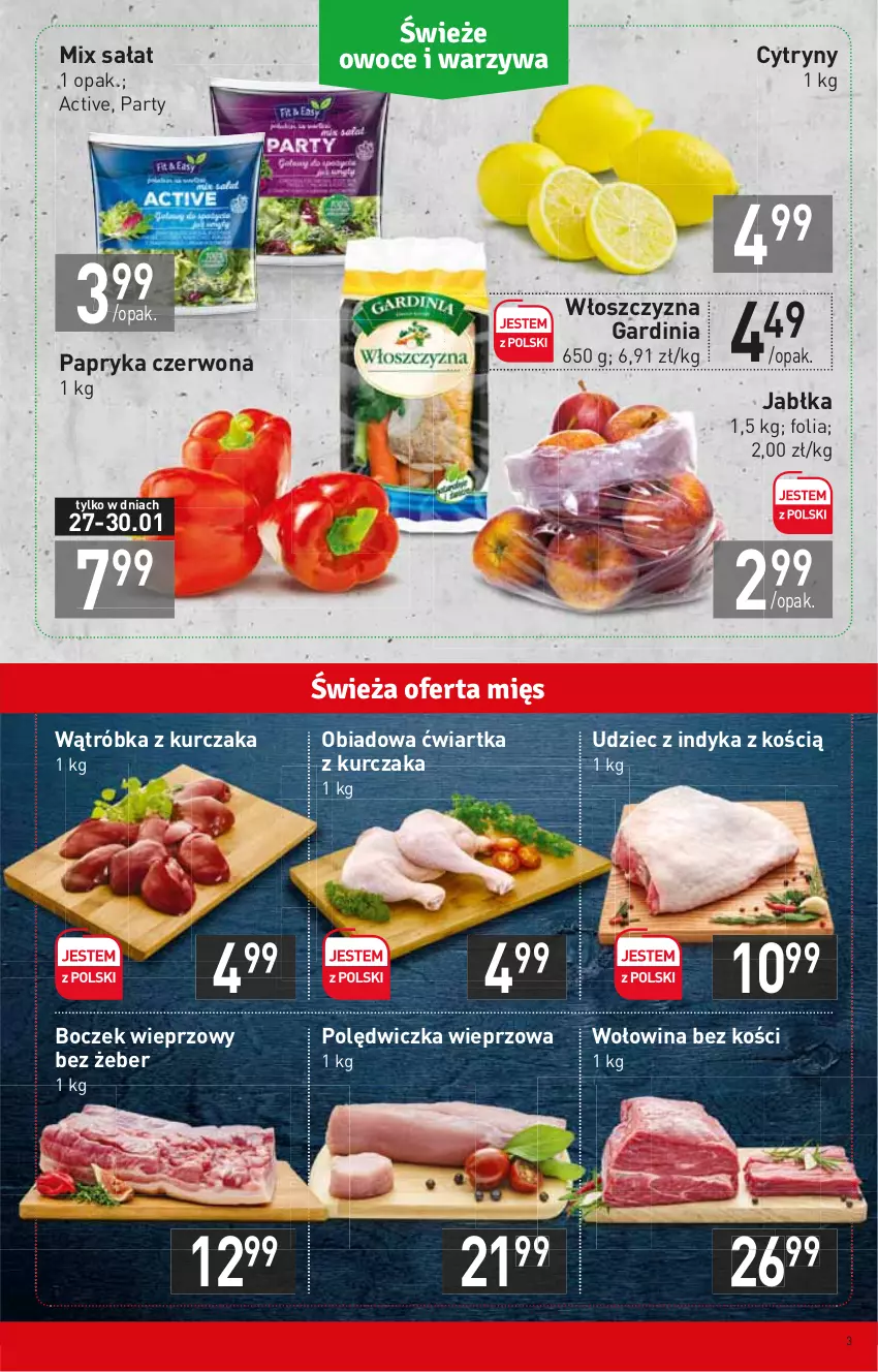 Gazetka promocyjna Stokrotka - Market - ważna 27.01 do 02.02.2022 - strona 3 - produkty: Boczek, Boczek wieprzowy, Cytryny, Jabłka, Kurczak, Papryka, Papryka czerwona, Polędwiczka wieprzowa, Sałat, Udziec z indyka, Wołowina, Wołowina bez kości