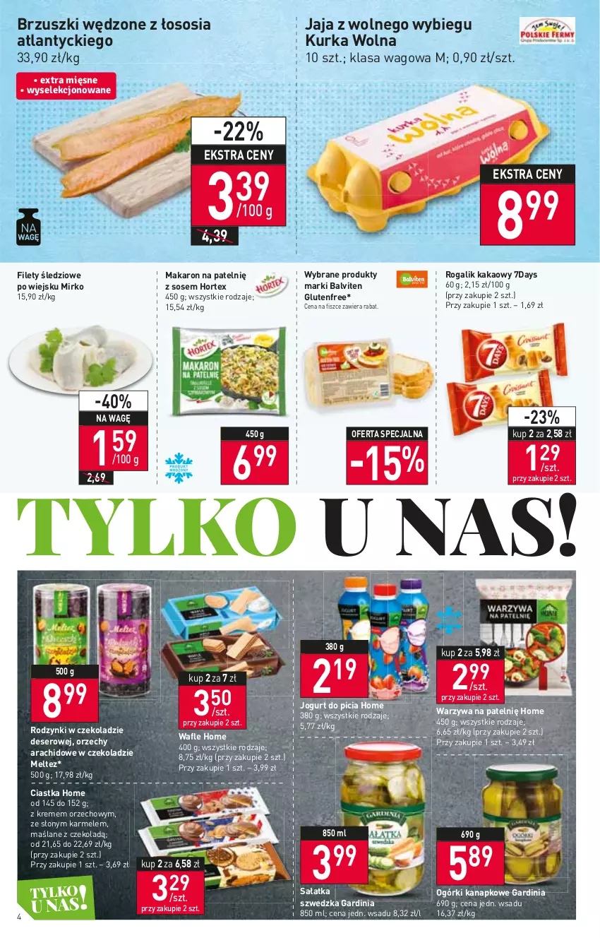 Gazetka promocyjna Stokrotka - Market - ważna 27.01 do 02.02.2022 - strona 4 - produkty: Ciastka, Deser, Hortex, Jaja, Jaja z wolnego wybiegu, Jogurt, Kakao, Makaron, Rodzynki, Rogal, Sałat, Sałatka, Ser, Sos, Wafle, Warzywa