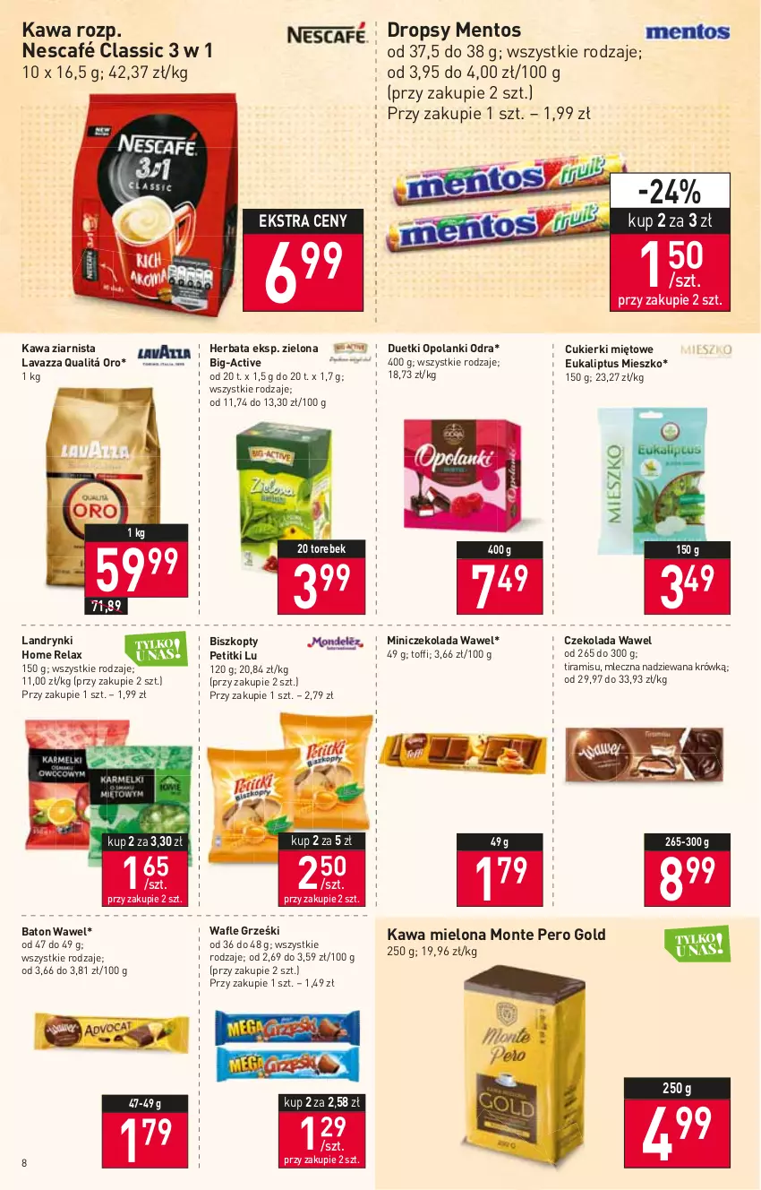 Gazetka promocyjna Stokrotka - Market - ważna 27.01 do 02.02.2022 - strona 8 - produkty: Baton, Biszkopty, Cukier, Cukierki, Czekolada, Grześki, Herbata, Kawa, Kawa mielona, Kawa ziarnista, Lanki, Lavazza, Mentos, Monte, Nescafé, Wafle, Wawel