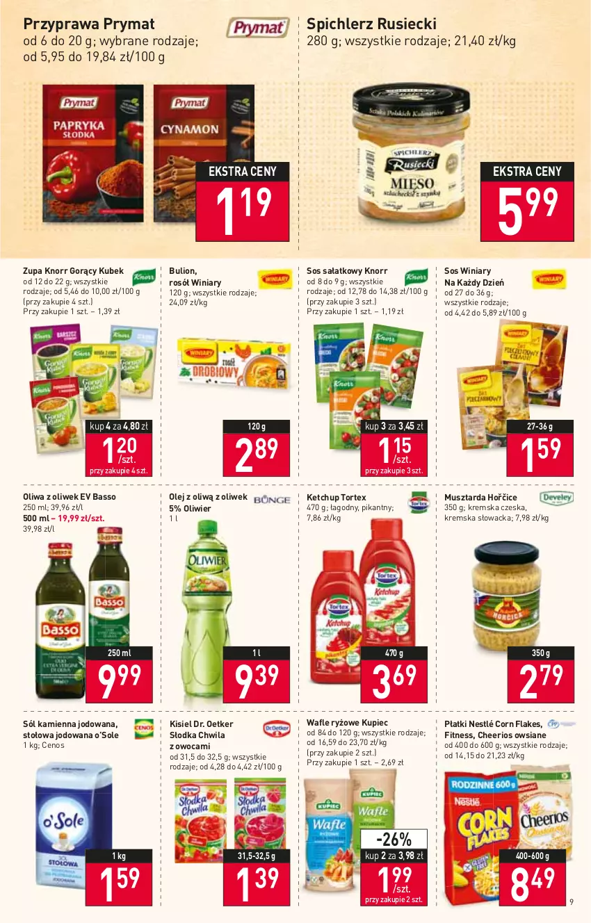 Gazetka promocyjna Stokrotka - Market - ważna 27.01 do 02.02.2022 - strona 9 - produkty: Bulion, Cenos, Cheerios, Corn flakes, Dr. Oetker, Ketchup, Kisiel, Knorr, Kubek, Kupiec, Lion, Mus, Musztarda, Nestlé, Olej, Oliwa z oliwek, Piec, Prymat, Rosół, Ryż, Sałat, Słodka Chwila, Sól, Sos, Spichlerz Rusiecki, Wafle, Winiary, Zupa