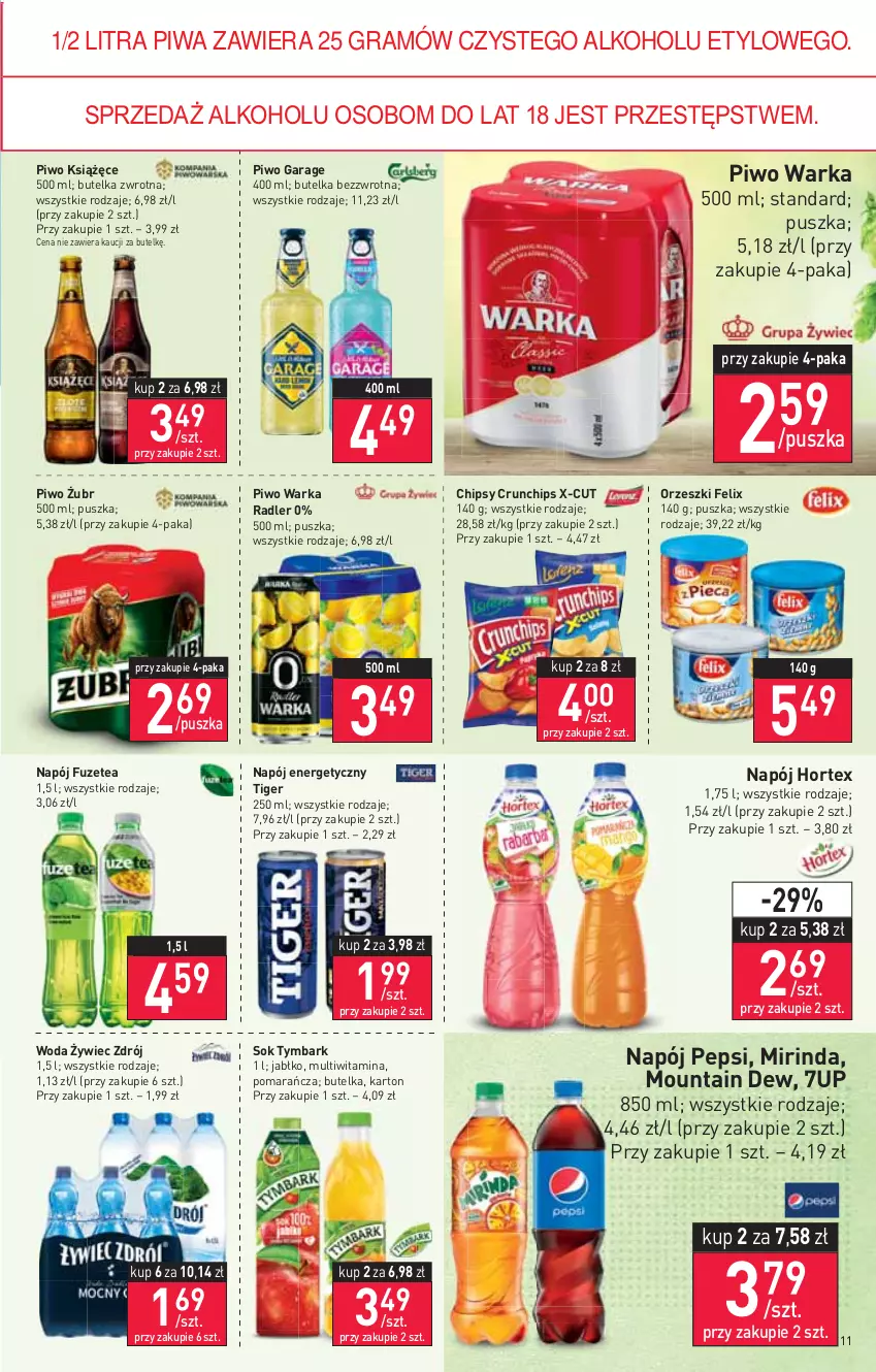 Gazetka promocyjna Stokrotka - Supermarket - ważna 03.02 do 09.02.2022 - strona 11 - produkty: 7up, Chipsy, Crunchips, Felix, Gra, Hortex, Książęce, Mirinda, Napój, Napój energetyczny, Orzeszki, Pepsi, Piwa, Piwo, Radler, Sok, Tiger, Tymbark, Warka, Woda