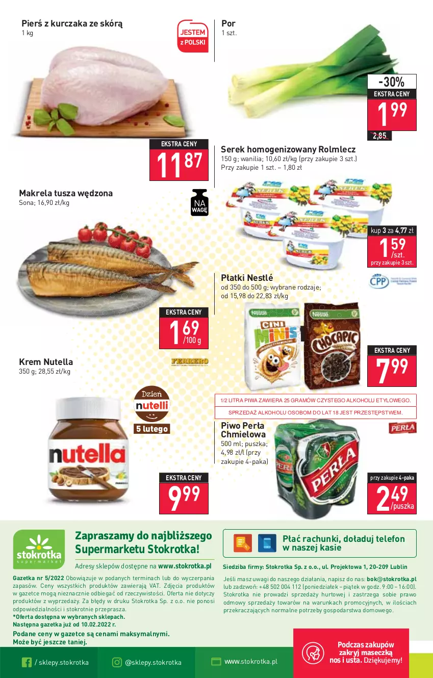 Gazetka promocyjna Stokrotka - Supermarket - ważna 03.02 do 09.02.2022 - strona 16 - produkty: Gra, Kurczak, Nestlé, Nutella, O nas, Perła, Piwa, Piwo, Por, Rolmlecz, Ser, Serek, Serek homogenizowany, Telefon, Tusz, Wagi