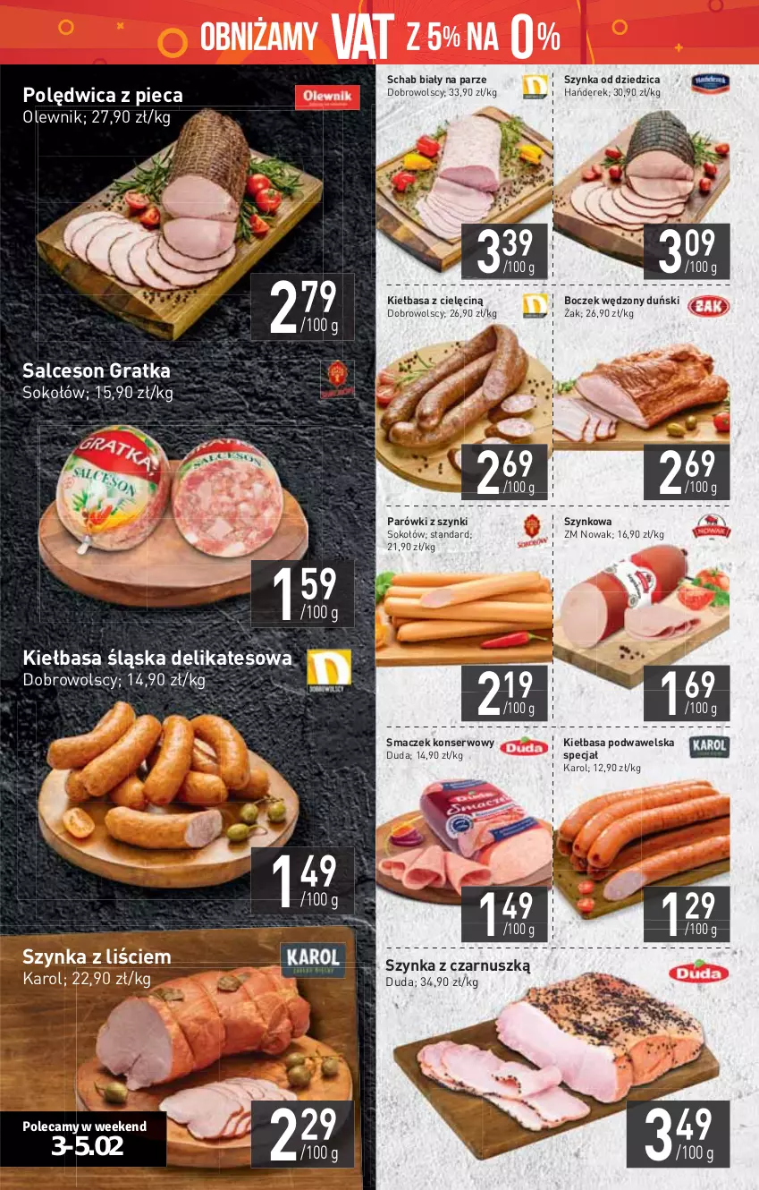 Gazetka promocyjna Stokrotka - Supermarket - ważna 03.02 do 09.02.2022 - strona 4 - produkty: Boczek, Duda, Gra, HP, Kiełbasa, Kiełbasa podwawelska, Kiełbasa śląska, NOWAK, Olewnik, Parówki, Parówki z szynki, Piec, Polędwica, Salceson, Ser, Sok, Sokołów, Szynka, Wawel