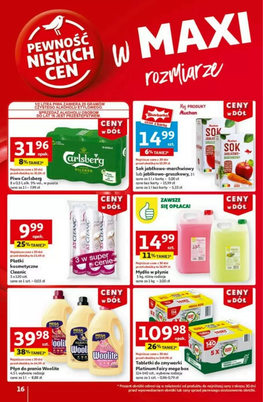 Gazetka promocyjna Auchan - ważna 23.01 do 29.01.2025 - strona 10 - produkty: Carlsberg, Cleanic, Fa, Fairy, Mydło, Mydło w płynie, Piwo, Płatki kosmetyczne, Płyn do prania, Sok, Tablet, Tabletki do zmywarki, Woolite, Zmywarki